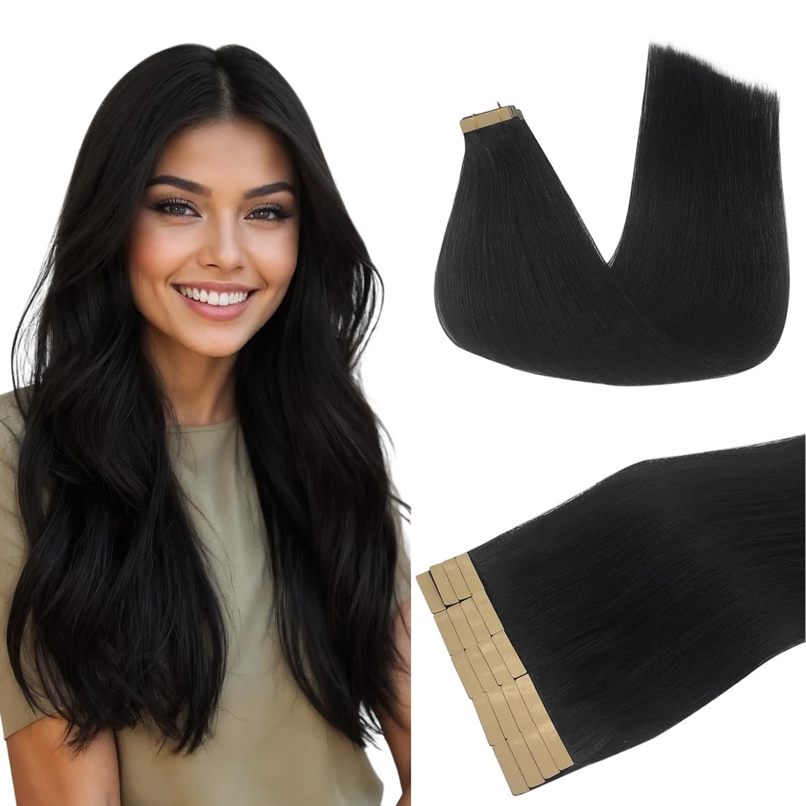 DOORES Tape in Extensions Real Human Hair, 28 Inch 60g 20pcs Jet Black Long Human Hair Extensions Long Tape in Real Remy Natural Straight Double Side