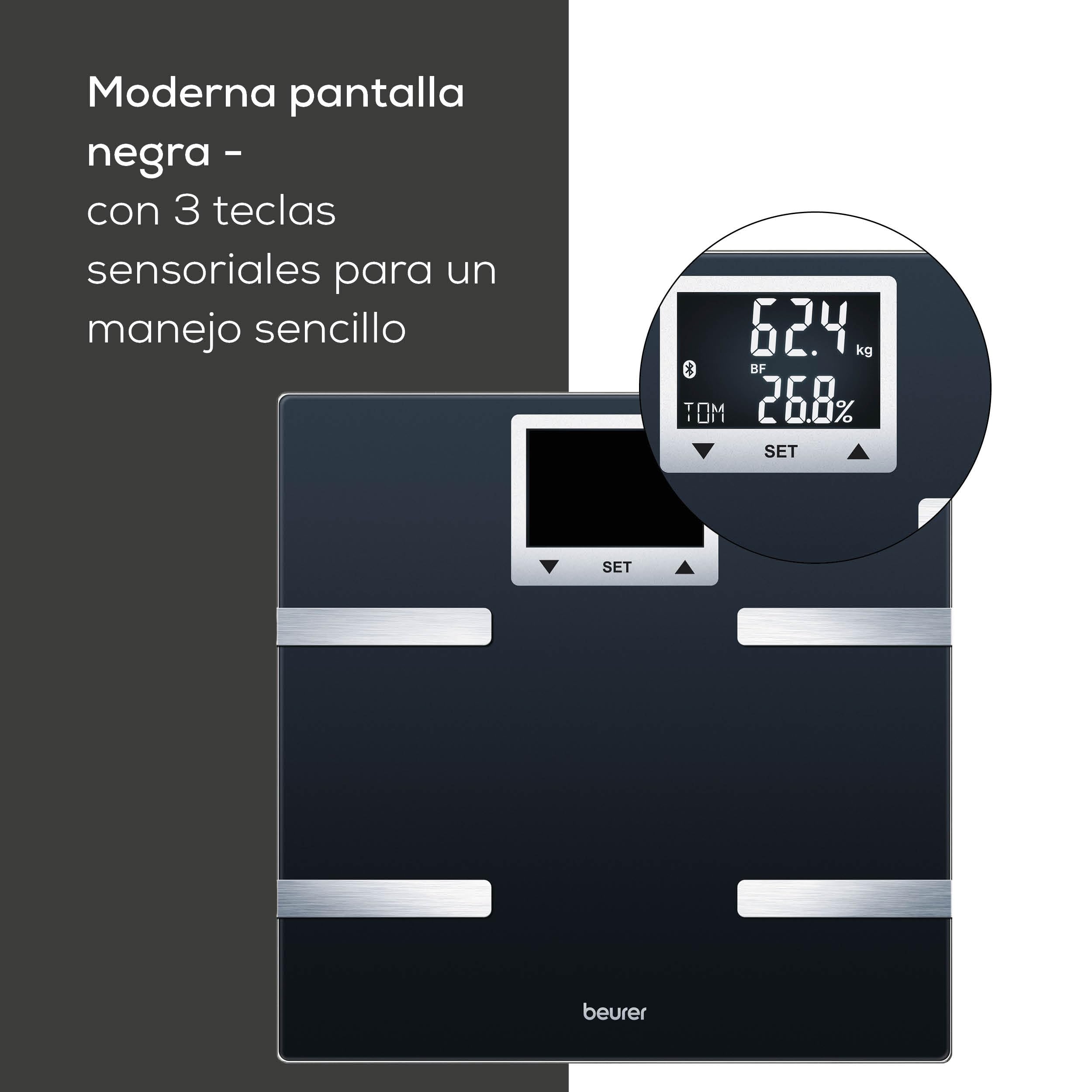 Beurer BF 720 Báscula diagnóstica con conexión Bluetooth(R) para la app del móvil, determinación del peso corporal, la grasa corporal, el porcentaje muscular y la necesidad de calorías AMR/BMR