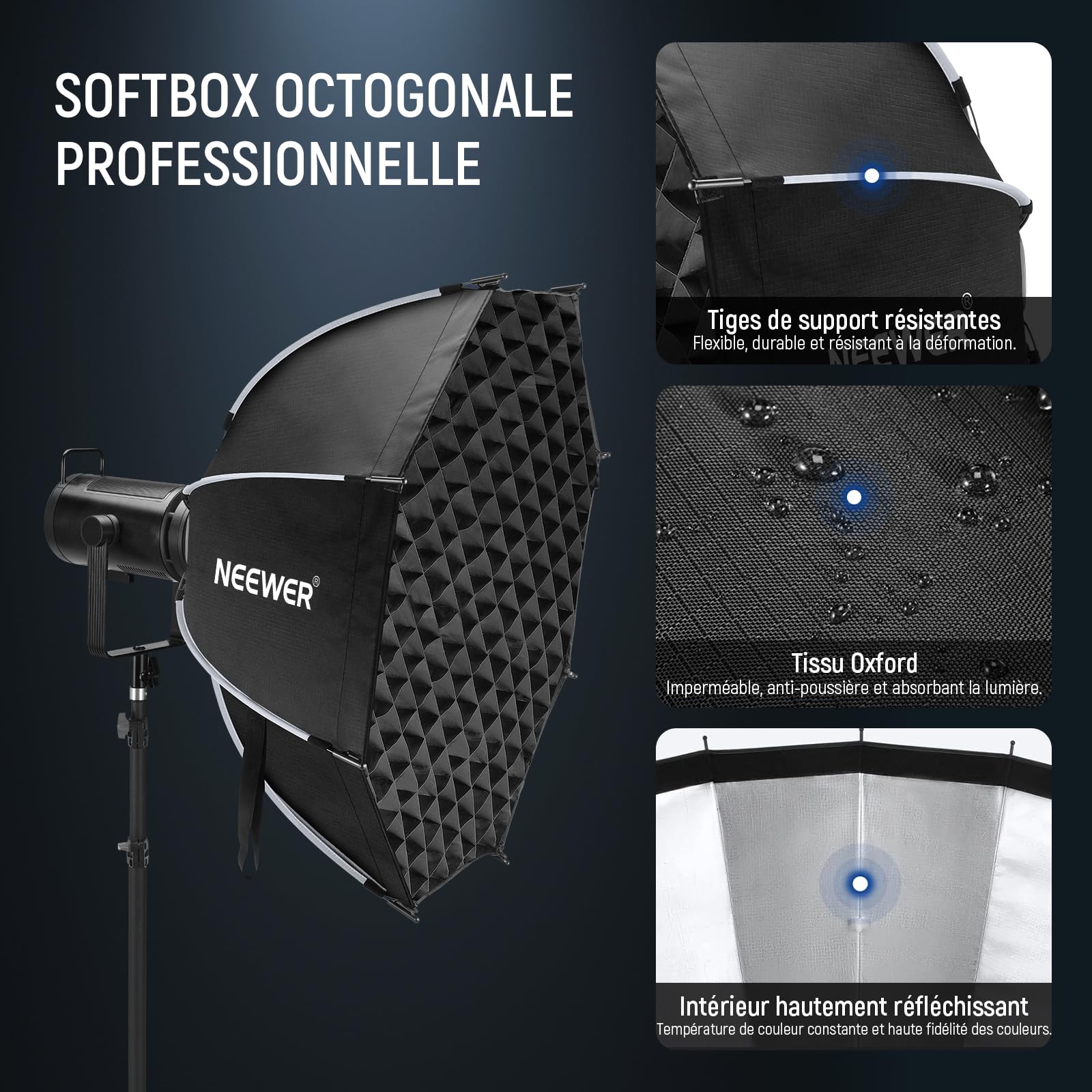 NEEWER 35,4'' Boîte à lumière parabolique octogonale,Monture Bowens,Compatible avec Aputure 120d et Godox SL60w Q4 AS600B CB300B Q300.Accessoires Inclus:diffuseurs,Grille,Sac&Chiffon Nettoyage(NS92P)