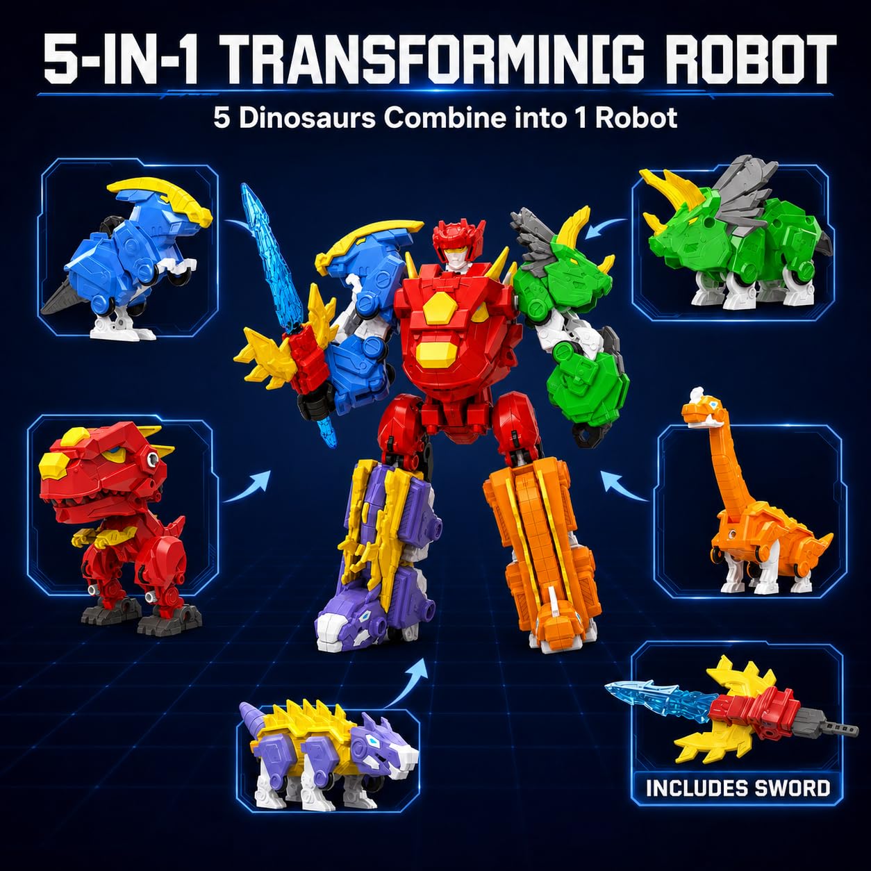 Amazon.co.jp: STOULKD 5-in-1 恐竜変形ロボットおもちゃ 8インチ