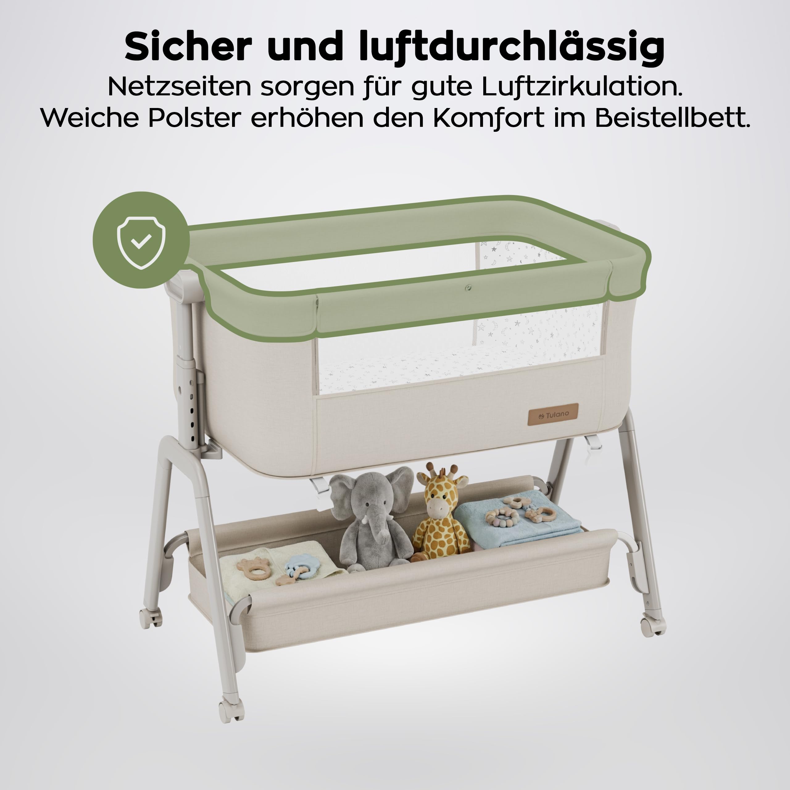 TULANO Dream 50 3in1 Beistellbett Baby mit Rollen - Babybett - Reisebett | mit matratze - höhenverstellbar - bis 9kg - Neigbare Liegefläche - Mit Moskitonetz und Aufbewahrungskorb - Beige