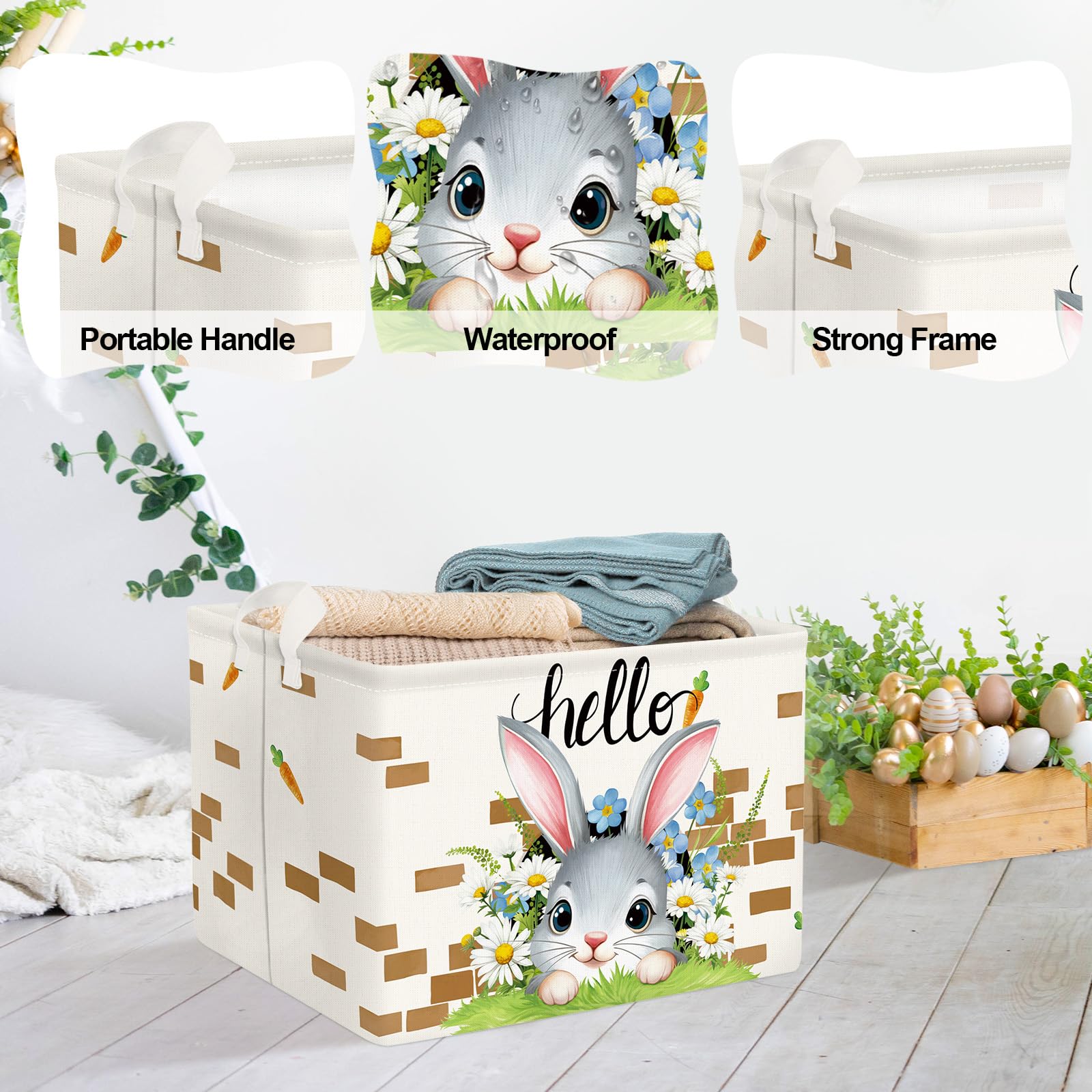Ostern Kaninchen Wäschekorb Faltbar – 40x30x30 Cm, Mit Henkel – Für Spielzeug & Kleidung