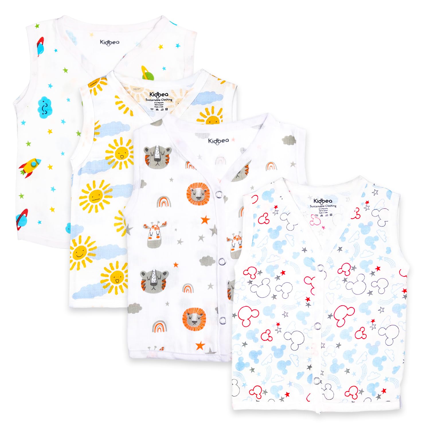 Kidbea® 100% Organic Soft Cotton Muslin Sleeveless Jhabla for Baby Boys | Regular Fit Vest for Infant Summerwear Set I GOTS Certified