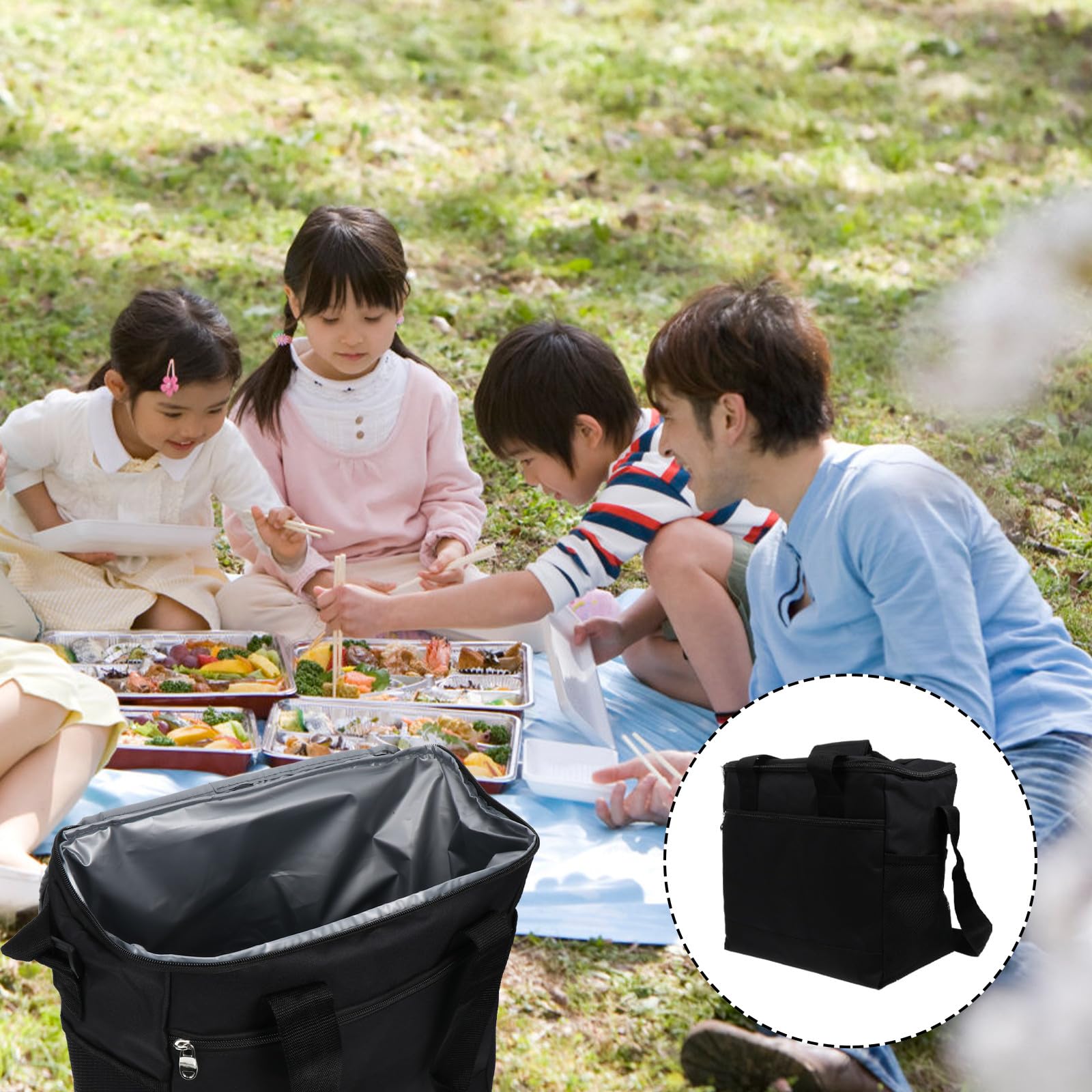 Große Thermotasche für Picknick und Schule Isolierte Lunch Tasche aus Oxfordstoff mit Aluminiumfolie Schwarz Hält Speisen Warm und Frisch