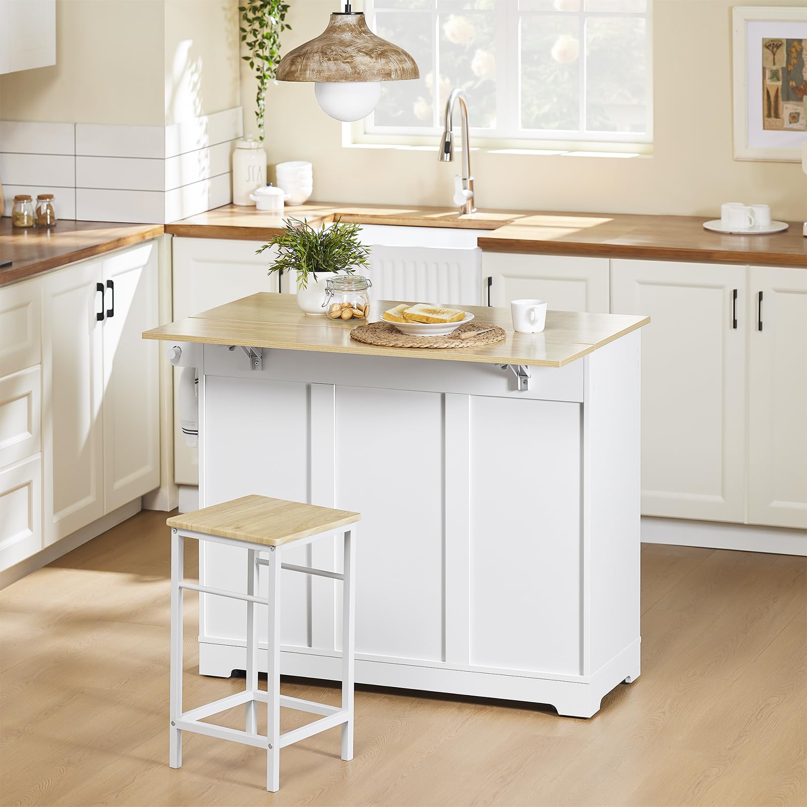 SoBuy Kücheninsel mit Rollen, Servierwagen mit ausziehbarer Arbeitsplatte – platzsparende, freistehende Kücheninsel mit Schubladen für kleine Küchen Weiß 113 x 91 x (44–69) cm FKW129-WN
