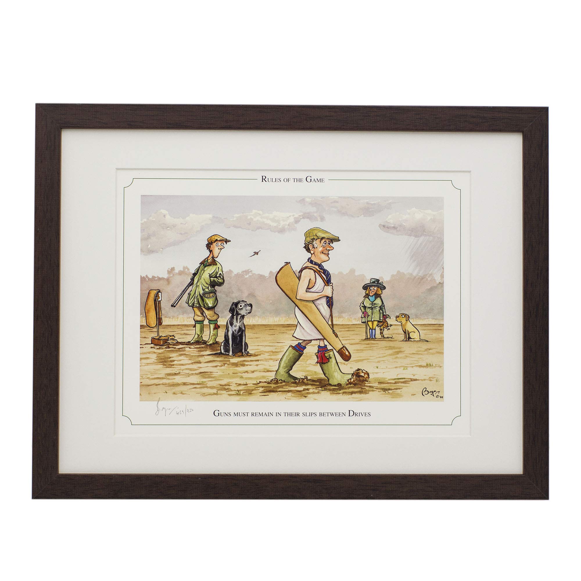 Shooting or hunting themed, cartoon, limited edition and signed original print Guns must remain in their slips by Bryn Parry