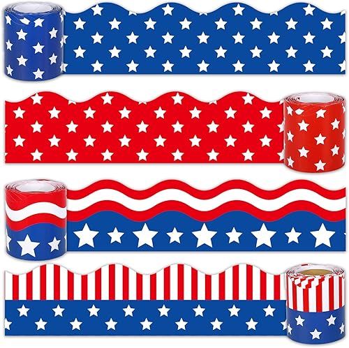 Whaline Rollo de borde patriótico de 131.2 pies para tablón de anuncios, color rojo, azul y blanco, rayas troqueladas, para decoración de oficina y