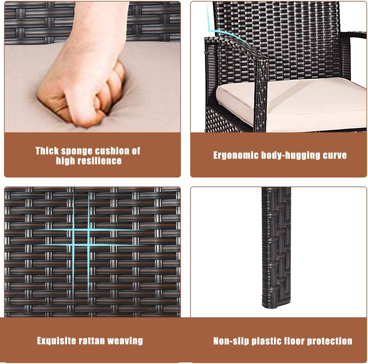 4 Pieces Patio Furniture Set, Wicker Conversation Set with Water-Resistant Cushion & Tempered Glass Table, Porch Deck Furniture Outdoor Rattan Chair for Backyard, Balcony(Beige)