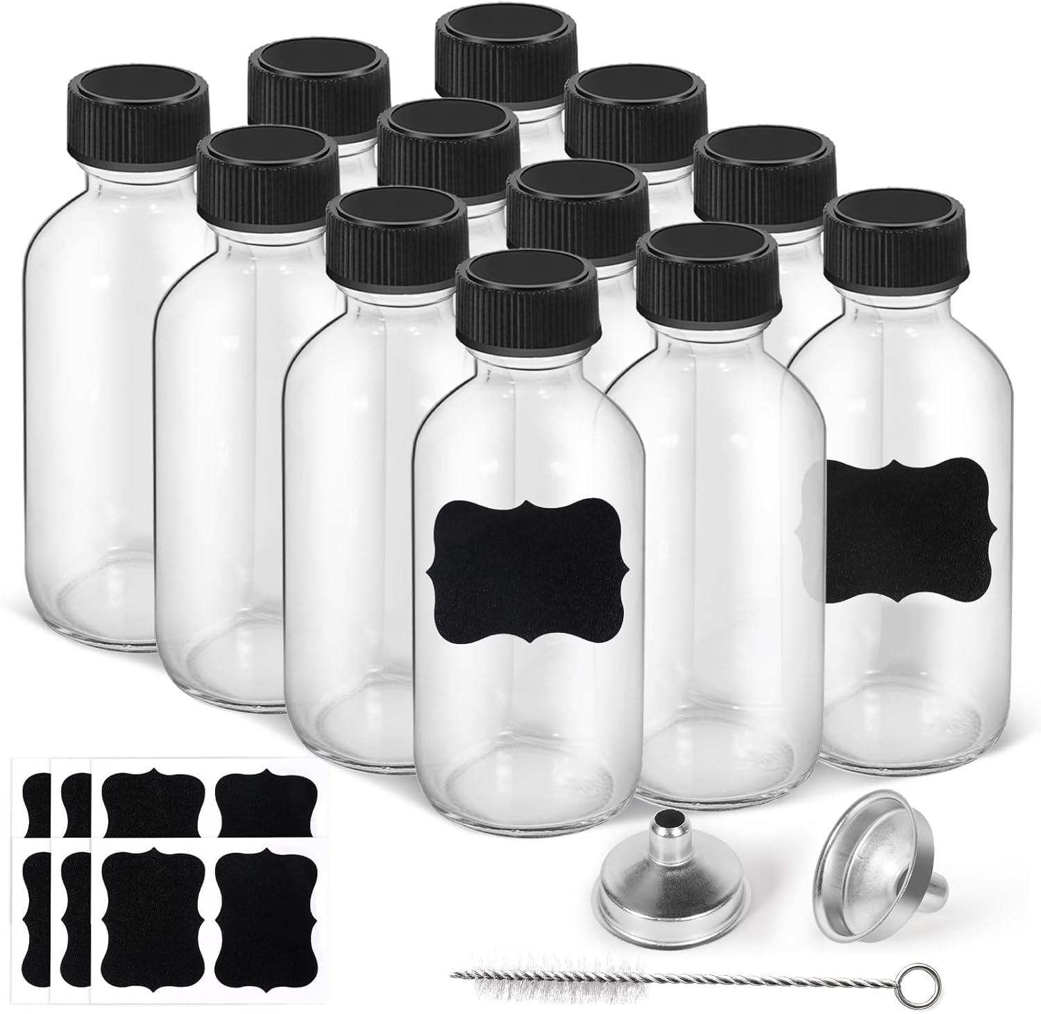 2oz Small Clear Glass Bottles with Lids, 2 Stainless Steel Funnel, 12 Labels,1 Brush – 60ml Reusable Boston Bottle for Juice, Ginger Shot, Wellness, Oils, Whiskey, Liquids – Leakproof Travel Bottle