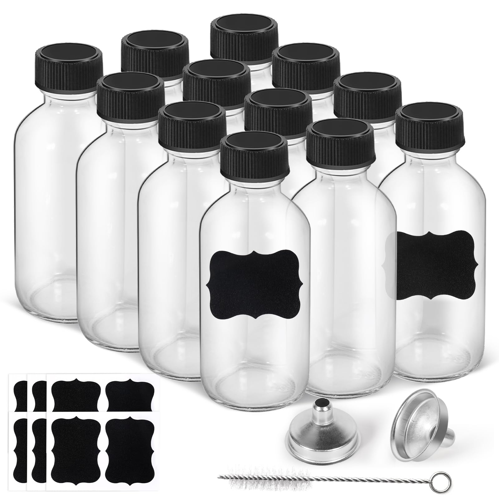 2oz Small Clear Glass Bottles with Lids, 2 Stainless Steel Funnel, 12 Labels,1 Brush - 60ml Reusable Boston Bottle for Juice, Ginger Shot, Wellness,