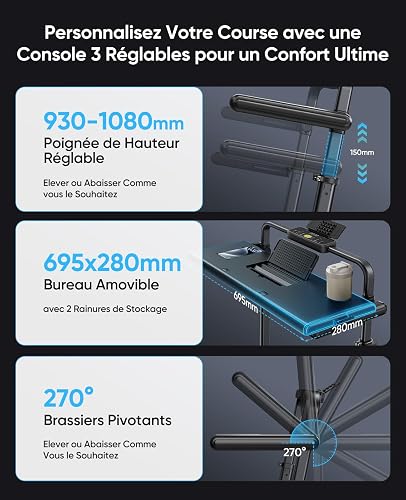 Tapis de Course Pliable Inclinable 12%, 6 en 1 Tapis de Marche avec Table Amovible, Max 12 km/h, 3.0HP, Poignée Télescopique de 15 cm et Courroie Lumineuse RGB, Charge Max 150 kg - 3