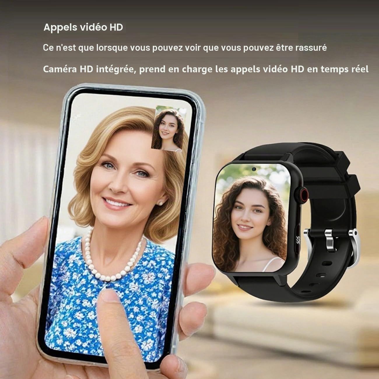 Montre 4G pour Seniors avec Détection De Chute, Bouton SOS, GPS, Appels Vidéo HD, pour Alzheimer Et DémenceBlack,1.96 * 1.57 inch