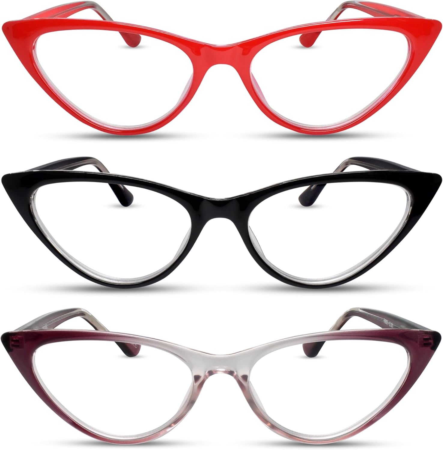 2SeeLife 3-Pack Small Cat Eye Reading Glasses for Women – Narrow-Medium Fit, Sturdy Frame, Spring Hinges, Premium Funky Readers, Red, Black, Purple, +2.75