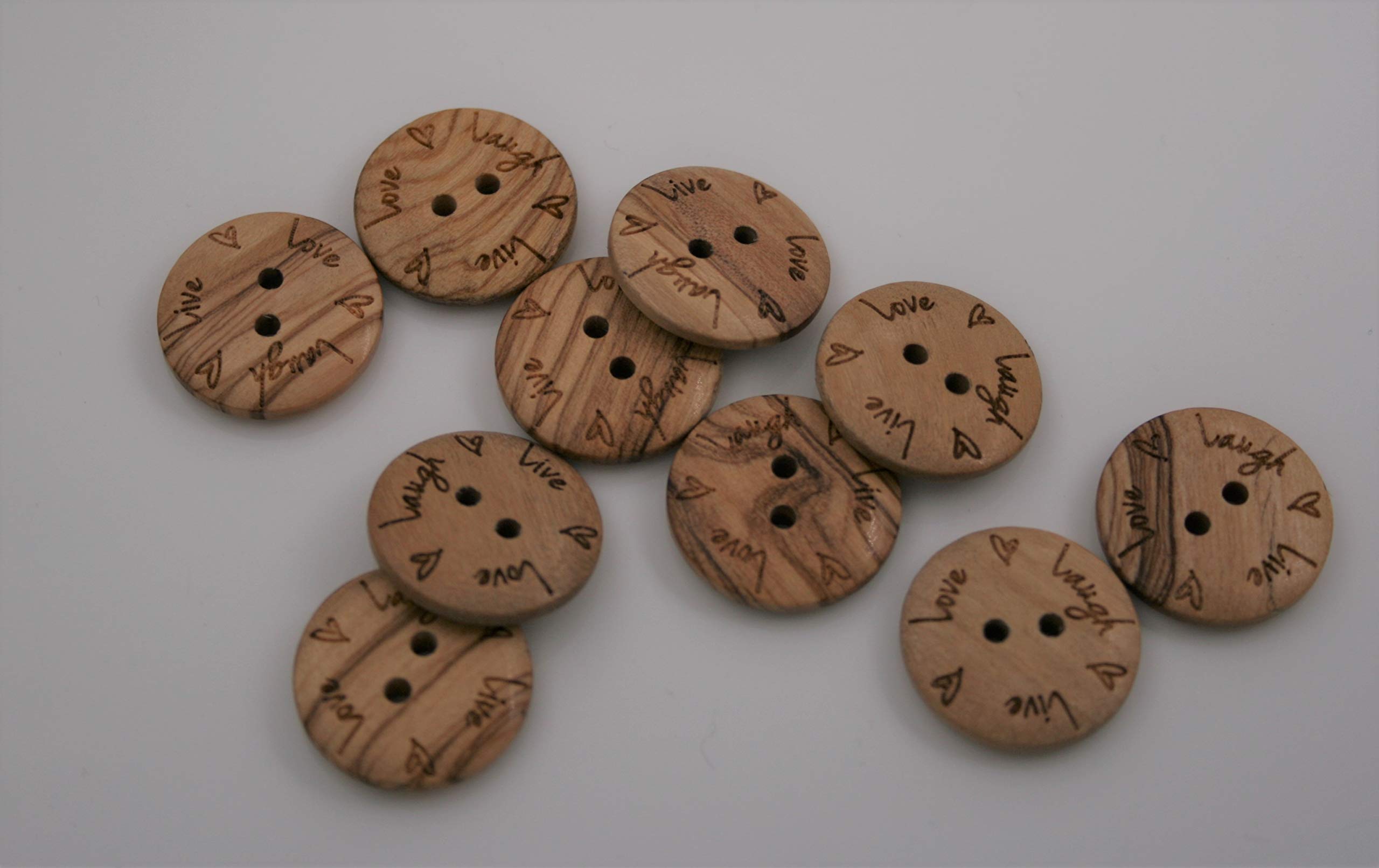10 Bottoni In Legno Di Olivo 30 Mm – 2 Fori Con Scritta Live Laugh Love, Venature Visibili, Fai Da Te