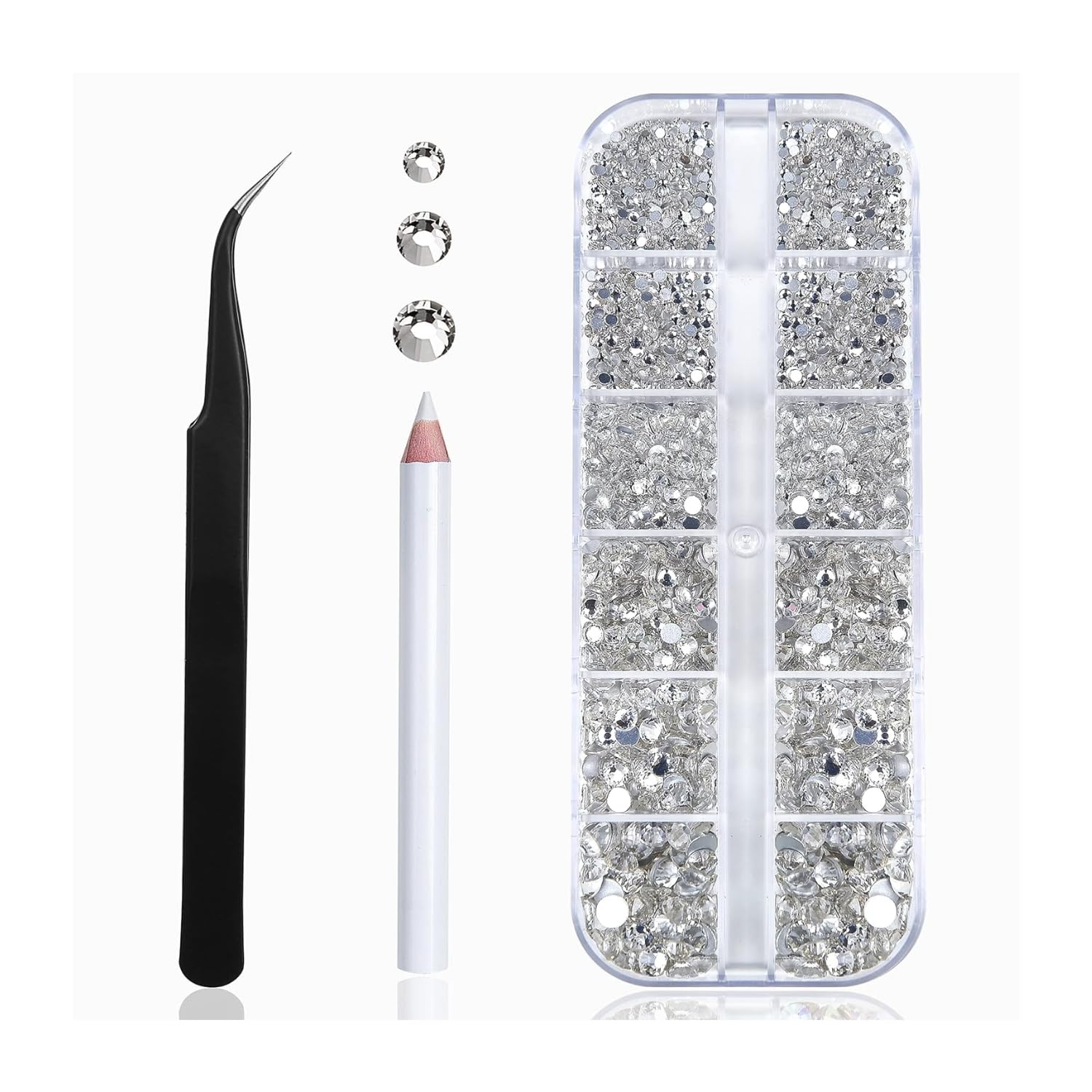 Girls Nail Art Kit with Rhinestones and Decorations – All Silver Set with Crayon, Tweezers| Silicone Nail Tool – Nail Art Stones and Charms Kit for DIY Nails, Crafts and Professional Nail Artists