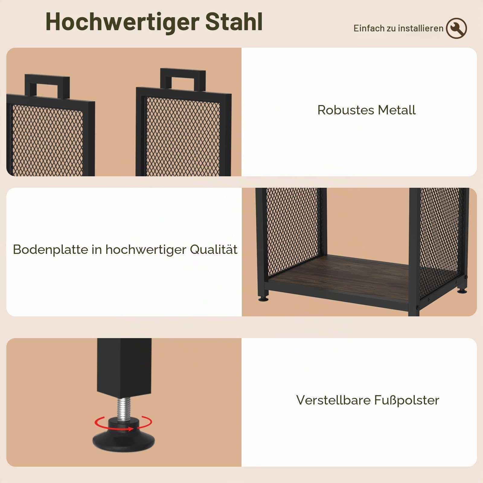 VyGrow Brennholzregal für drinnen und draußen, robuster Brennholzregalhalter, 17,32 Zoll Metall-Holzlagerholzhalter mit Lederträger, kleiner Brennholzständer für Kamin, Terrasse, Deck, schwarz