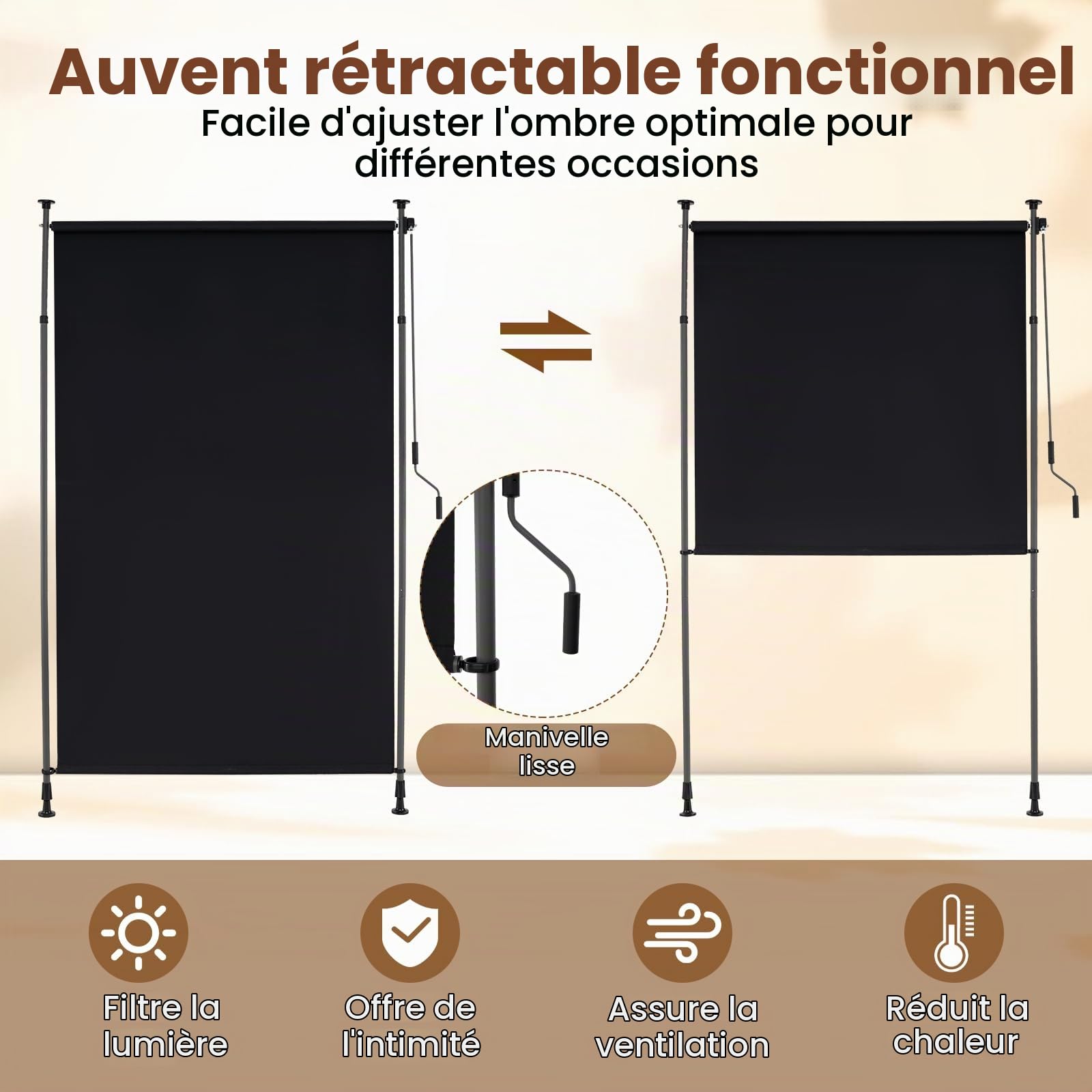 RELAX4LIFE Store Vertical sans Perçage | Store Extérieur Rétractable avec Manivelle | Polyester Anti-UV | Poteau en Alu | Hauteur 220-310 CM | Protection Solaire | pour Véranda Balcon (1,5M,Noir)