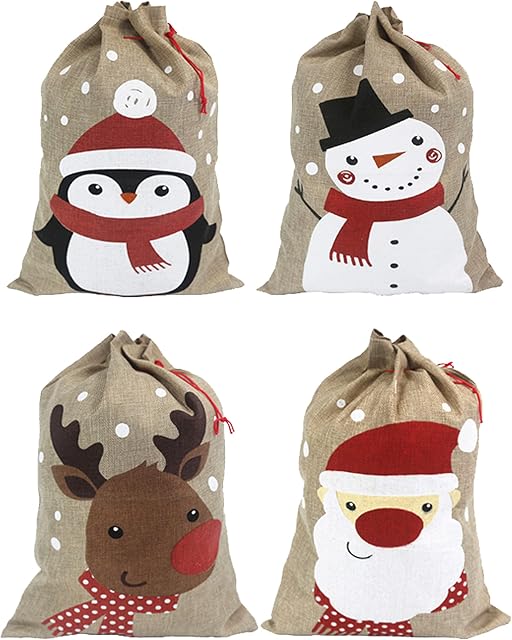 Christmas sacks (35 x 50 cm Medium Size)  Pack of 4 Drawstring Goody Gift Bags for Christmas Treats 4 Designs Santa Snowman Reindeer Penguin