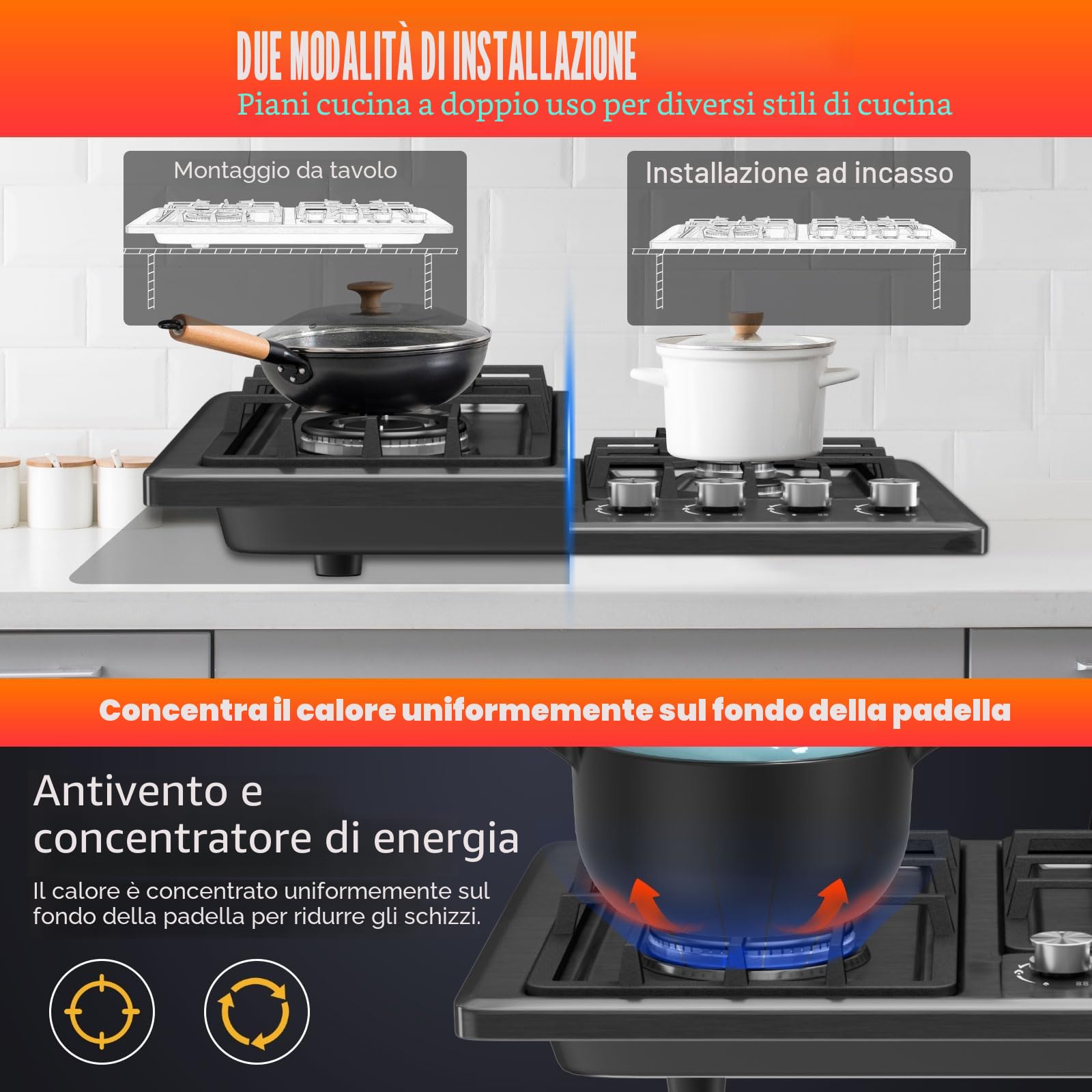 Piano Cottura a Gas,4 Fuochi Piano Cottura a Gas da Incasso in Acciaio Inossidabile, con Protezione Automatica Della Fiamma, 8700 Watts, GPL/Gas naturale