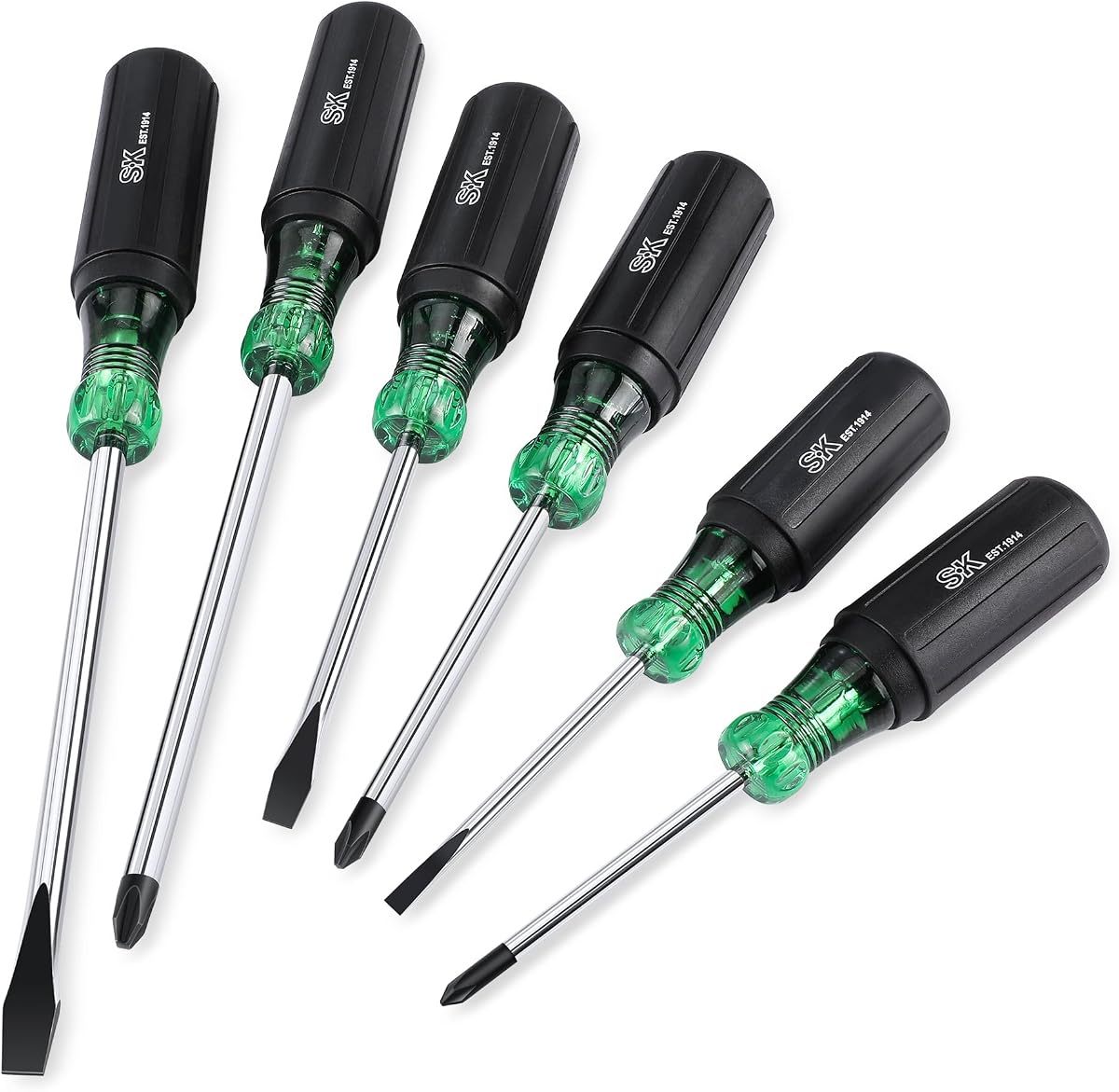 SK 6-Piece Magnetic Screwdriver Set, 3 Slotted & 3 Phillips Screwdrivers | S2 Steel, Heat-Treated Chrome Plating Shaft, Black Phosphate Tip, SureGrip Handle