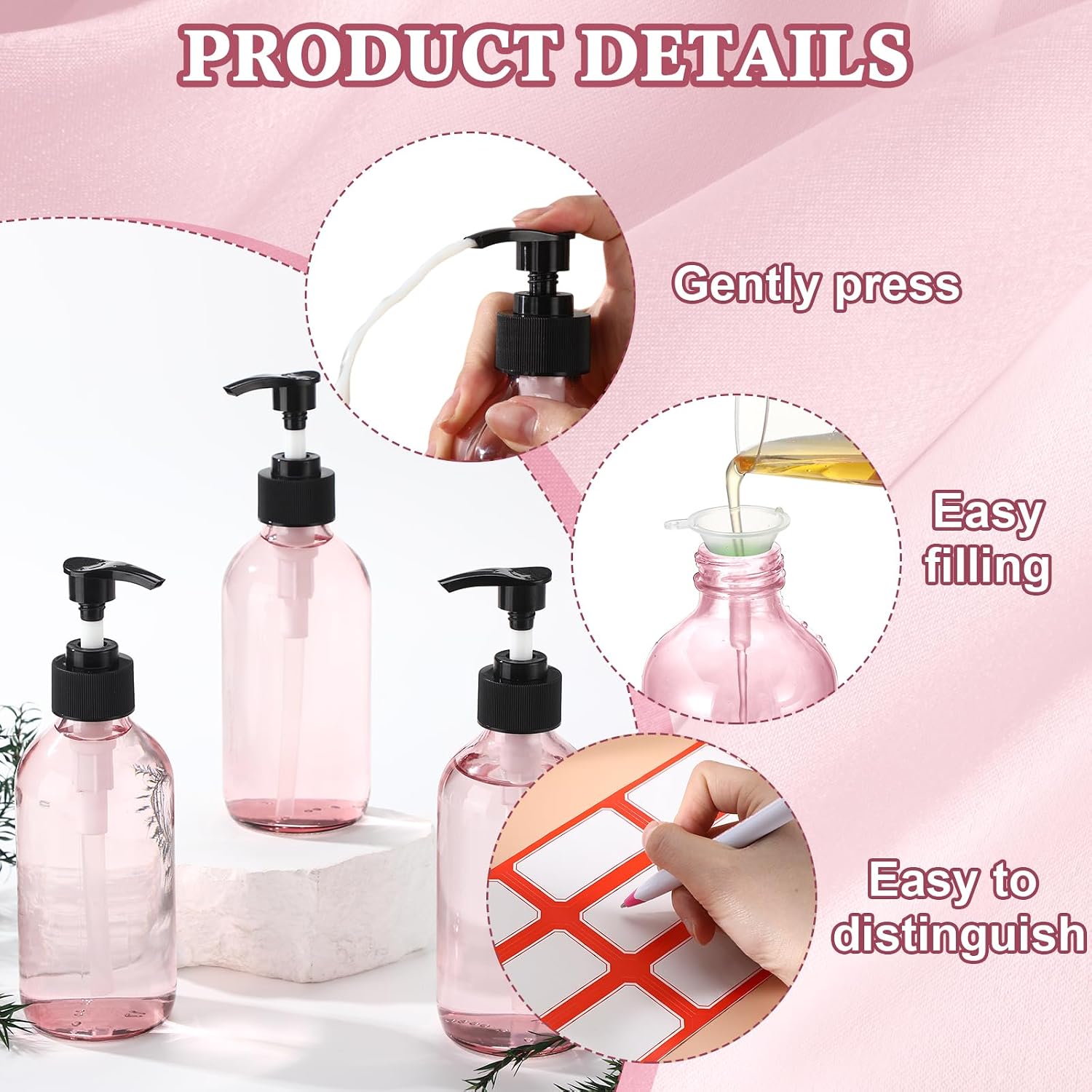 Tanlade 24 Pcs 8 oz Glass Pump Bottle Empty Bottle Glass Soap Dispenser with Pump Refillable Containers and Labels Funnels for Essential Oils Cleaning Products Lotions Conditioner(Pink)