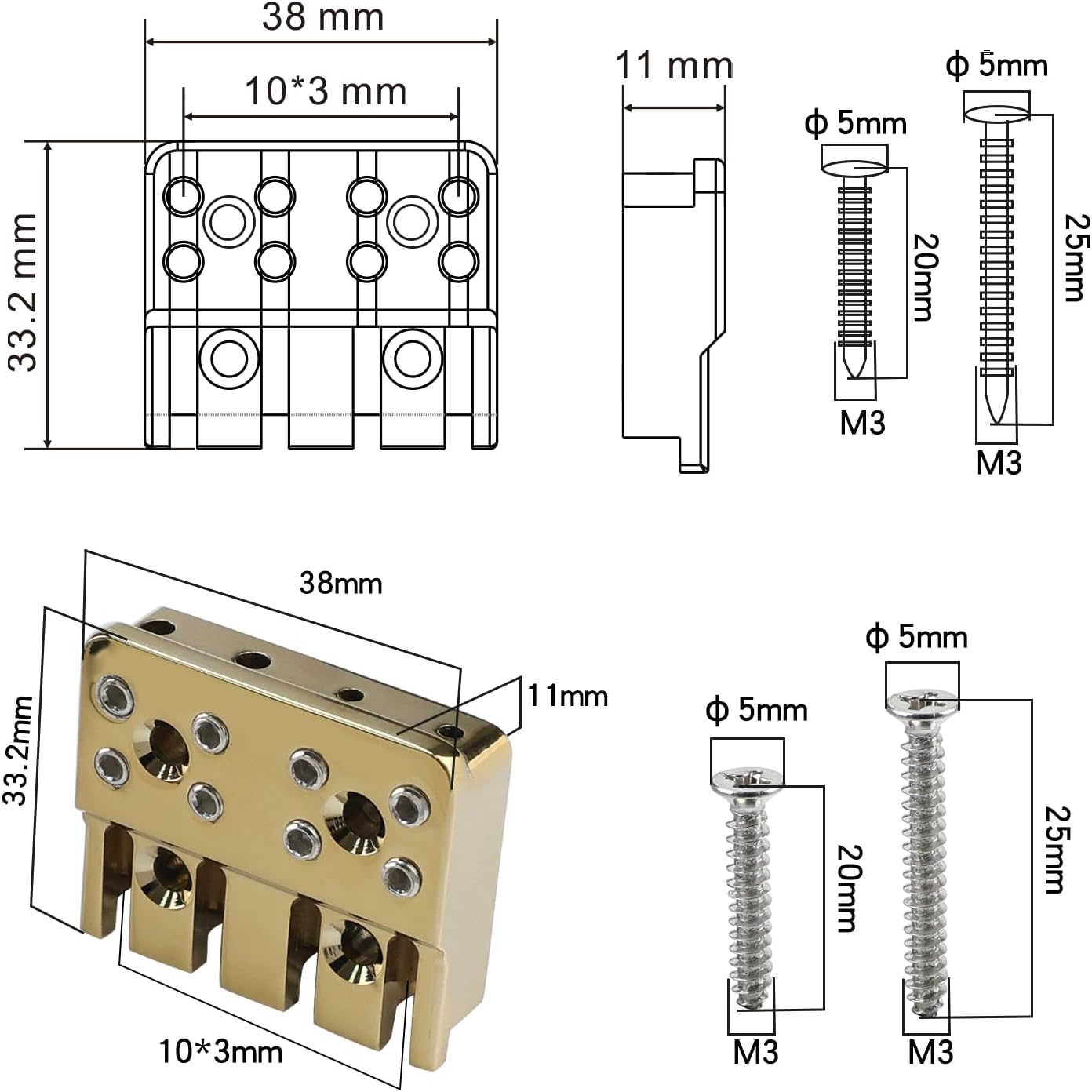 Guitar Bridge String Locks 4 String Bass String Locking Nut Headless Bass Guitar String Lock Brass String Locking for Headless Electric Bass Guitar Replacement Parts （Vacuum Gold)