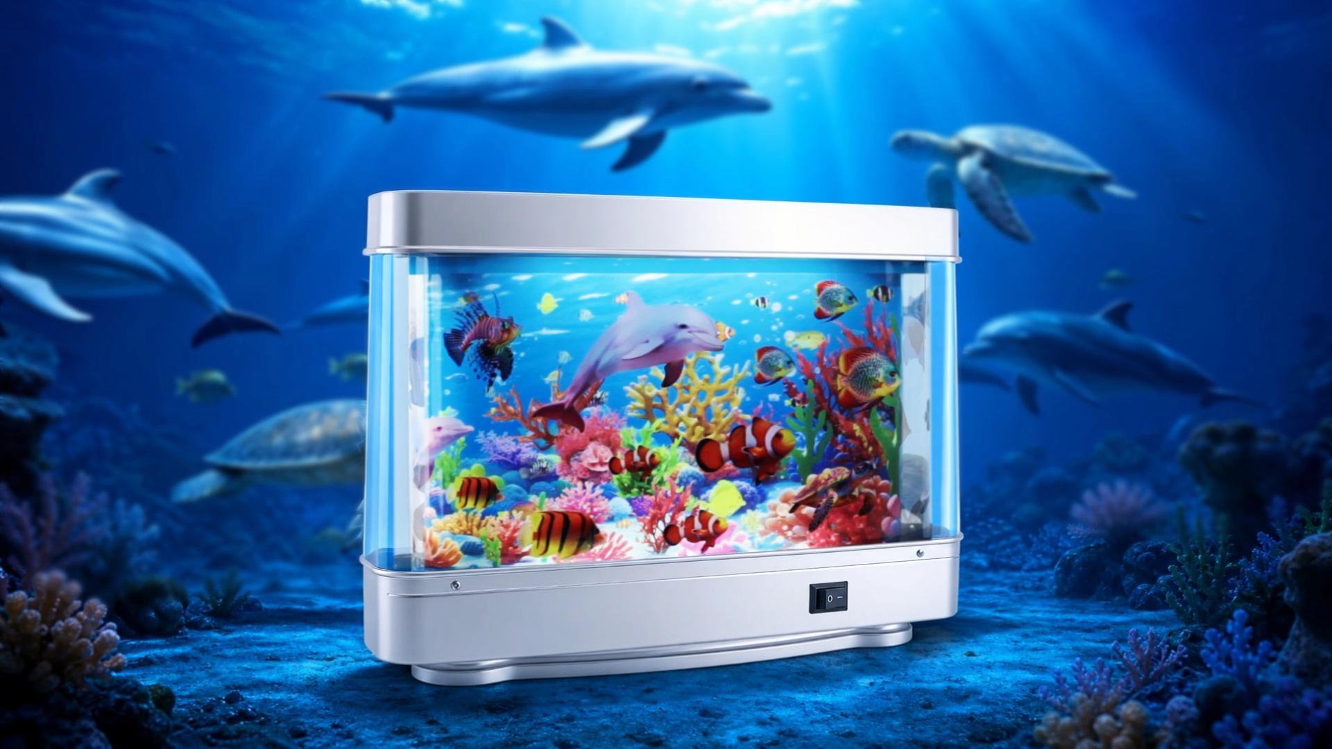 Image of Frutiger Aero Fish Lamp, Artificial Tropical Aquarium (Dolphin Theme), Fake Fish Tank Desktop Decor, 100% QC Passed Moving Ocean Lamp (No-Water, 110V) for Office Stress Relief & Retro Gift