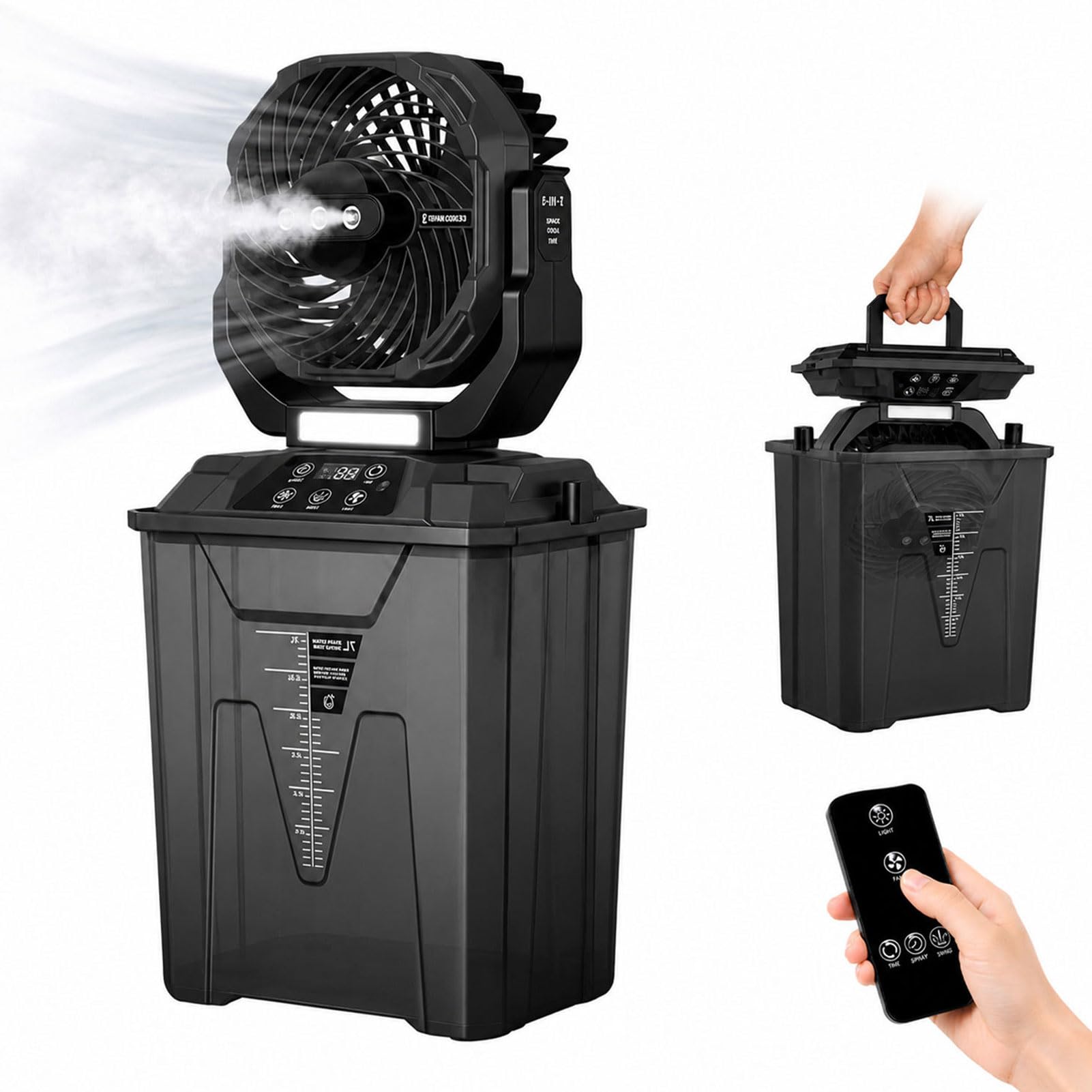 Sxhlseller Ventilatore da Campeggio Portatile con Nebulizzazione da 20000 MAh |Ventilatore Esterno Oscillante con Serbatoio 'acqua da 7 Litri con Telecomando, 5 velocità e Luce (BLACK)