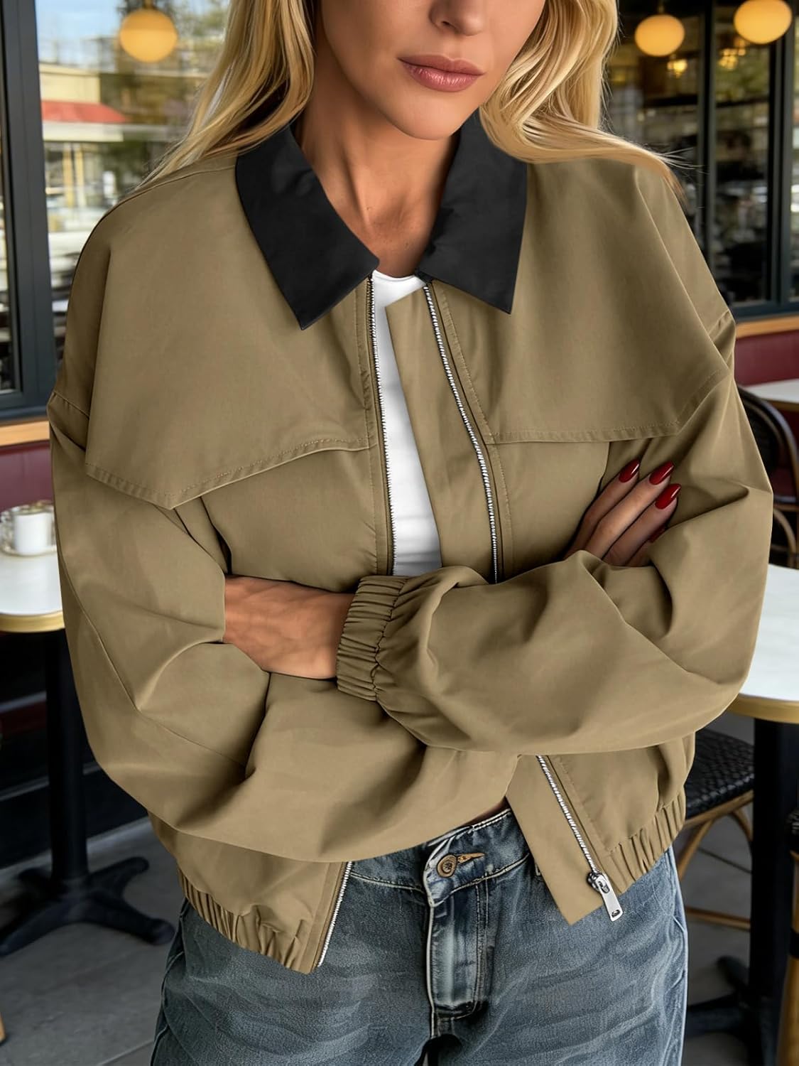 Tankaneo Womens Cropped Barn Jackets Zip Up Lapel Oversized Bomber Jackets Lightweight Trendy Casual Utility Short Coats - Image 3