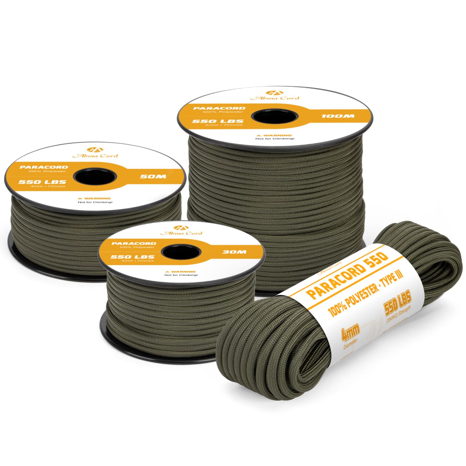 Abma Cord 550 Paracord 4mm 30m Rope 7 Strands Type III Parachute Cord for Crafting, Camping, Survival, Outdoor - Max. 250kg - Army Green