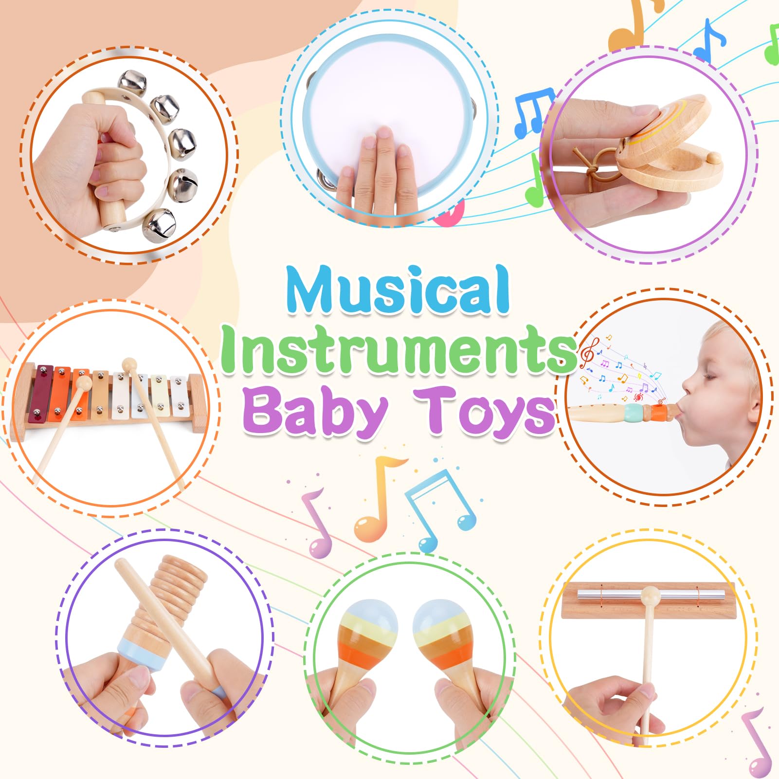 Wooden Musical Instruments for Toddlers 1-3 - Montessori Educational Toys for 1 2 3 Year Old Baby Kids, with Xylophone, One 1st 2st Christmas Birthday Gifts for Girls Boys - 5