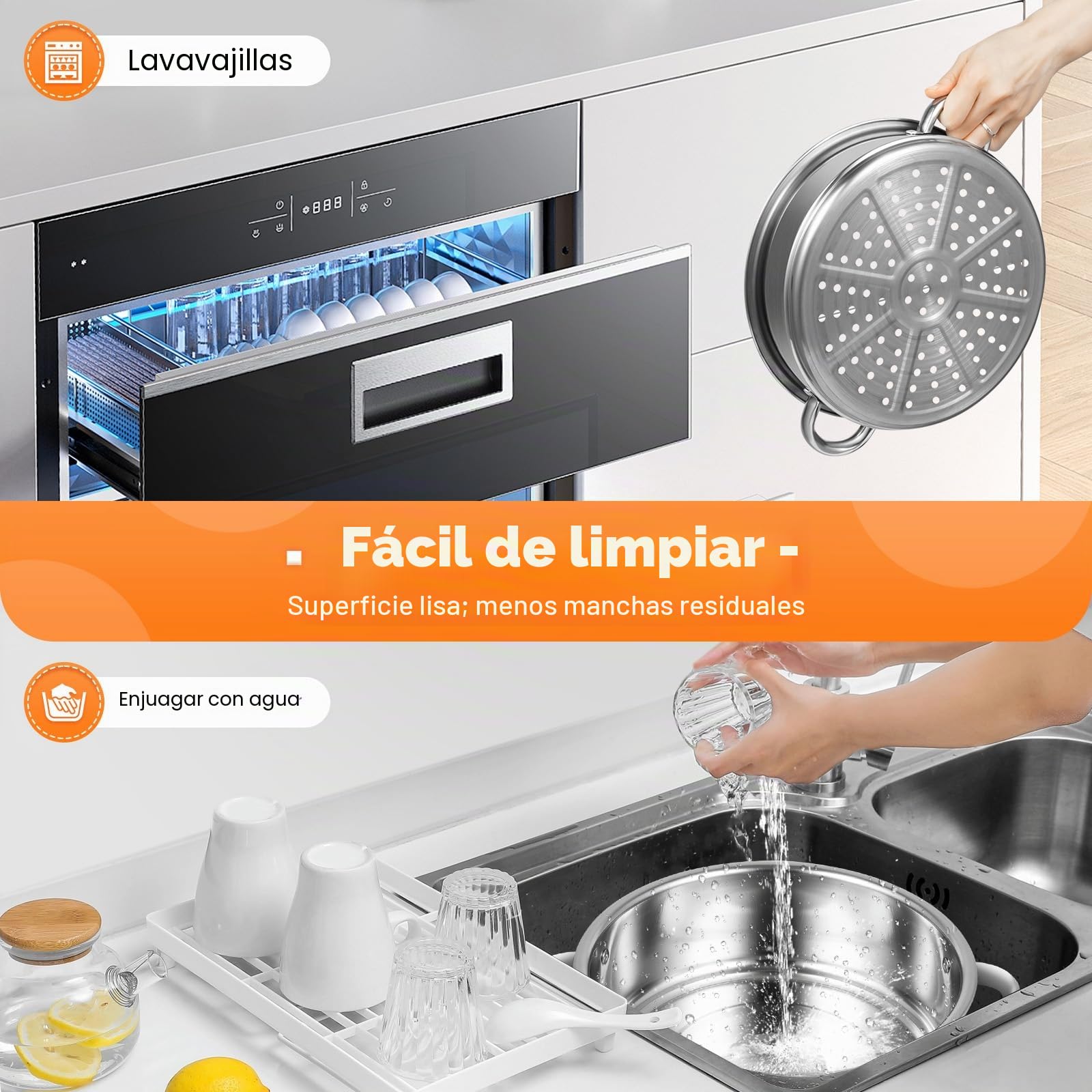 Vaporera de 5 niveles, acero inoxidable, vaporizador, apilable, diámetro de 26 cm, olla de vapor, olla con sartén y tapa de cristal, para cocinar (plata)
