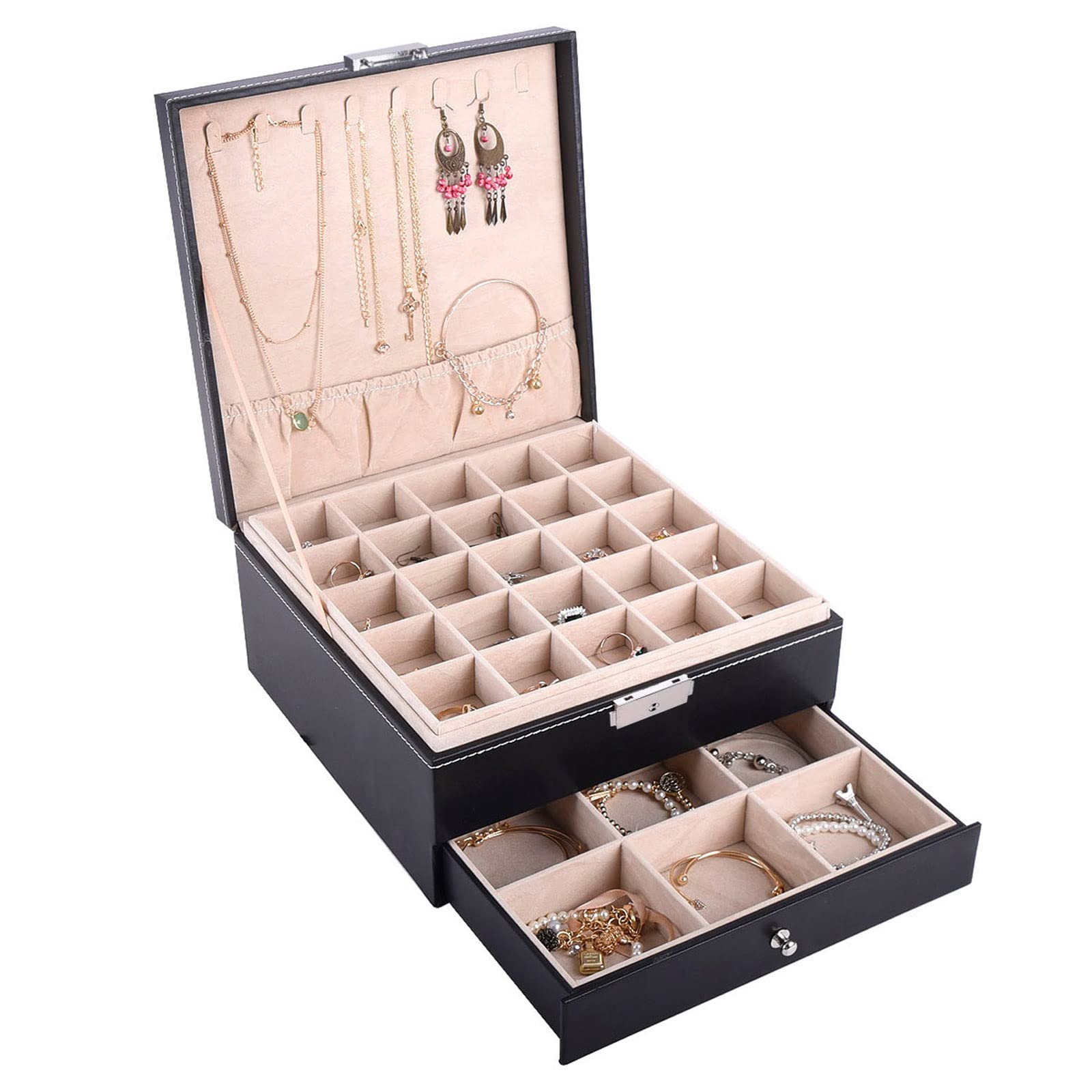 AUTOARKAUTOARK Jewelry Box Organizer Holder,3 Layer with 1 Drawer Tray,Desktop Organizer for Earrings Bracelets Rings Watches and Accessories,Metal Buckle,Big-Capacity,Black Leather,AW-062