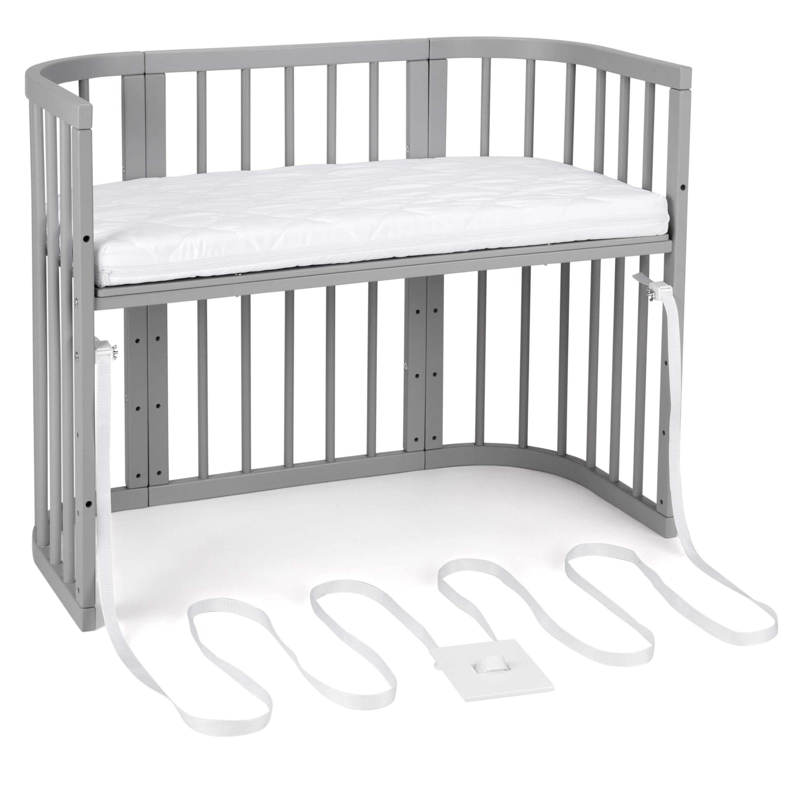 waldin Babybett 5in1, Beistellbett aus Holz, Matratze, Belüftet, Grau | Belüftet, Boden 5-fach verstellbar, Mitwachsend, Wiegefunktion optional