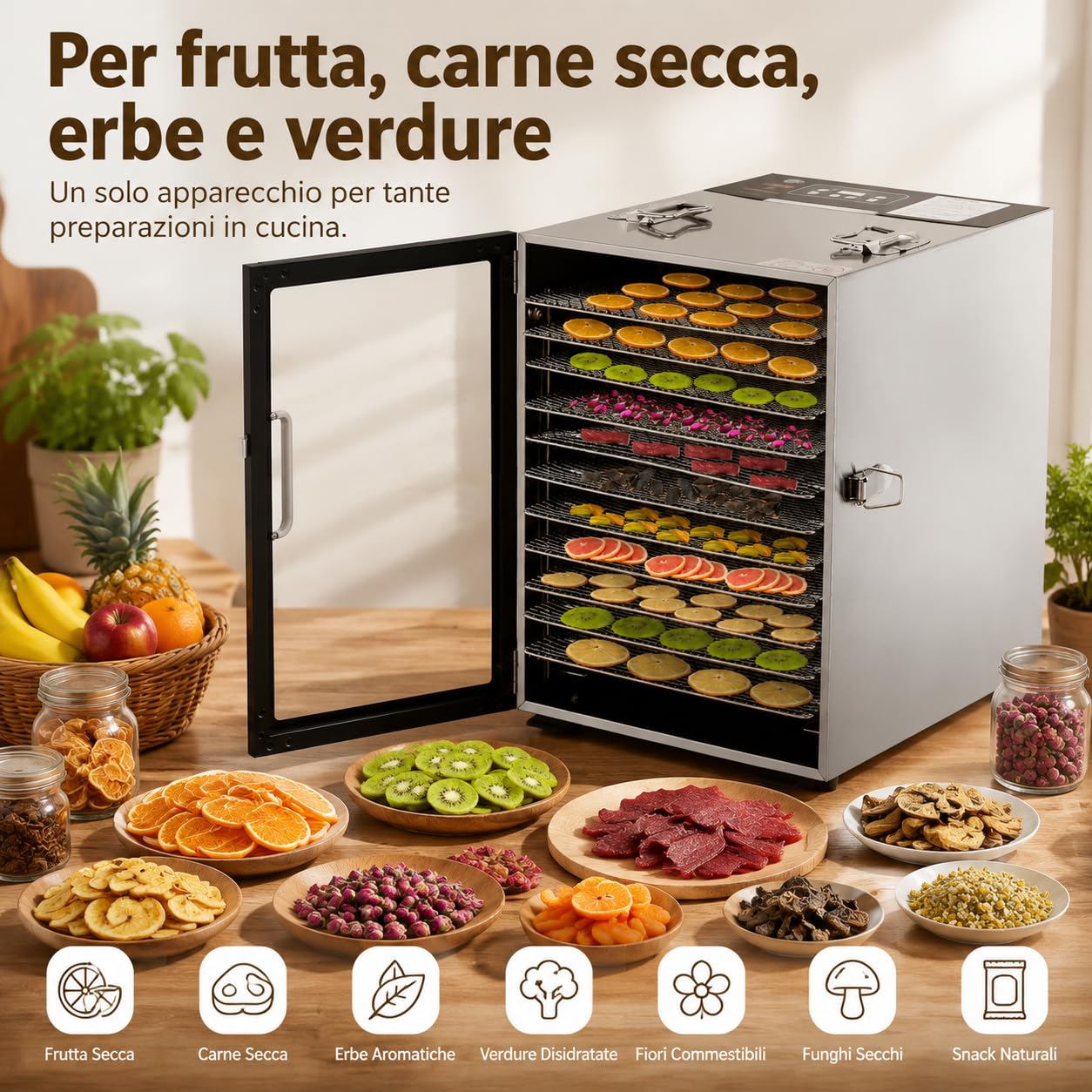 Suszarka ze stali nierdzewnej, 800 W, 12 misek ze stali nierdzewnej, urządzenie do suszenia owoców, mięsa, wołowiny, suszonych mięs, ziół, z regulowanym timerem i regulacją temperatury