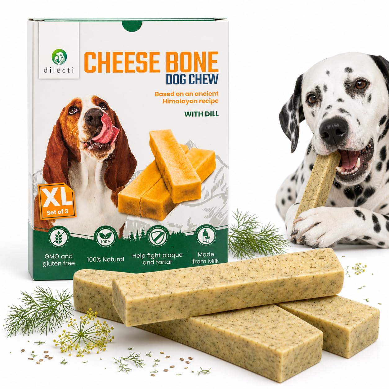 Dilecti Cheese Bones with Dill - Himalayan Yak Chews for Dogs, Long Lasting Dog Chew & Dental Sticks with Milk, Protein & Calcium, Grain Free Treats for Fresh Breath (Extra Large, Pack of 3)