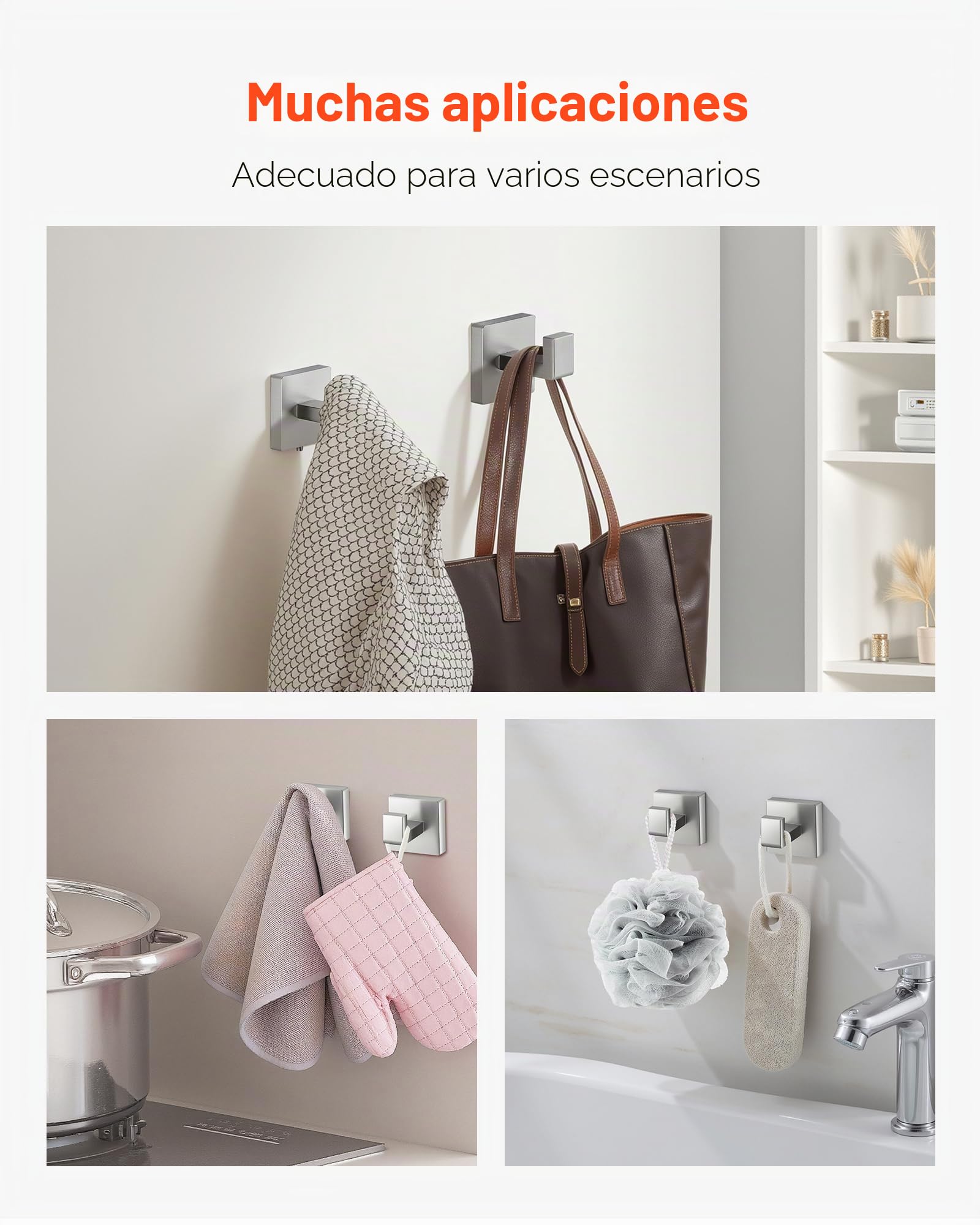 VEVOR Juego de Accesorios de Baño, Acero Inoxidable 304, con Toallero y Toallero Anillo Cuadrado, 2 Ganchos y Portarrollos de Papel Higiénico, para Baño, en Pared, 598 x 50 x 80 mm, Plata, 5 uds