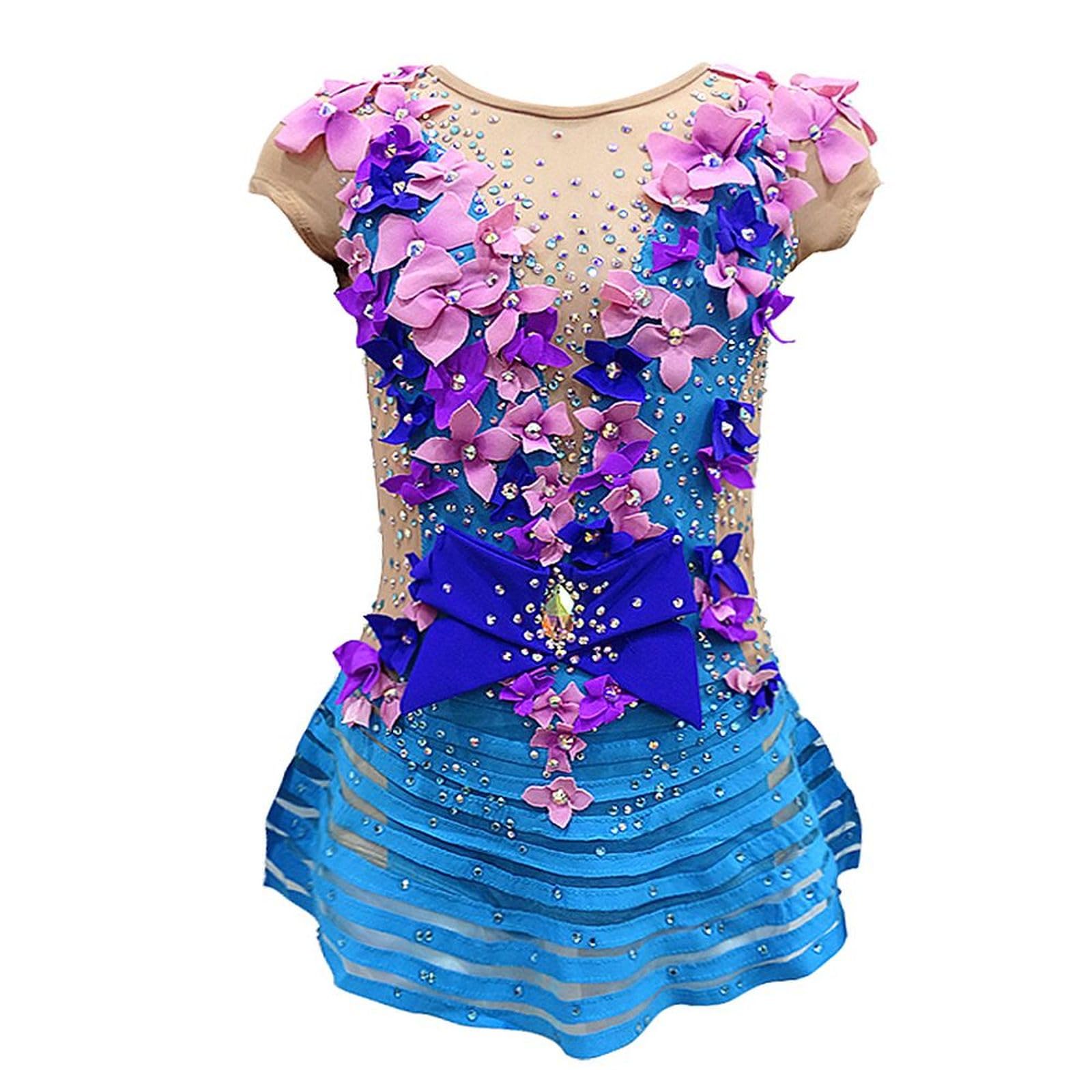 LIUHUO Maillot de gimnasia rítmica tridimensional con flores artificiales para rendimiento y competición