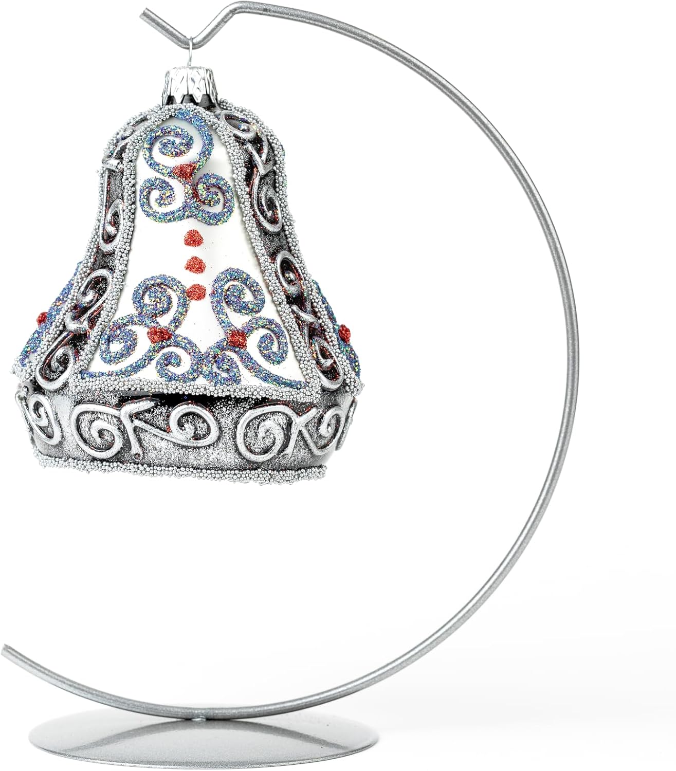 Christmas Bell Ornament 4-Inch Blown Glass (Silver Embellished)