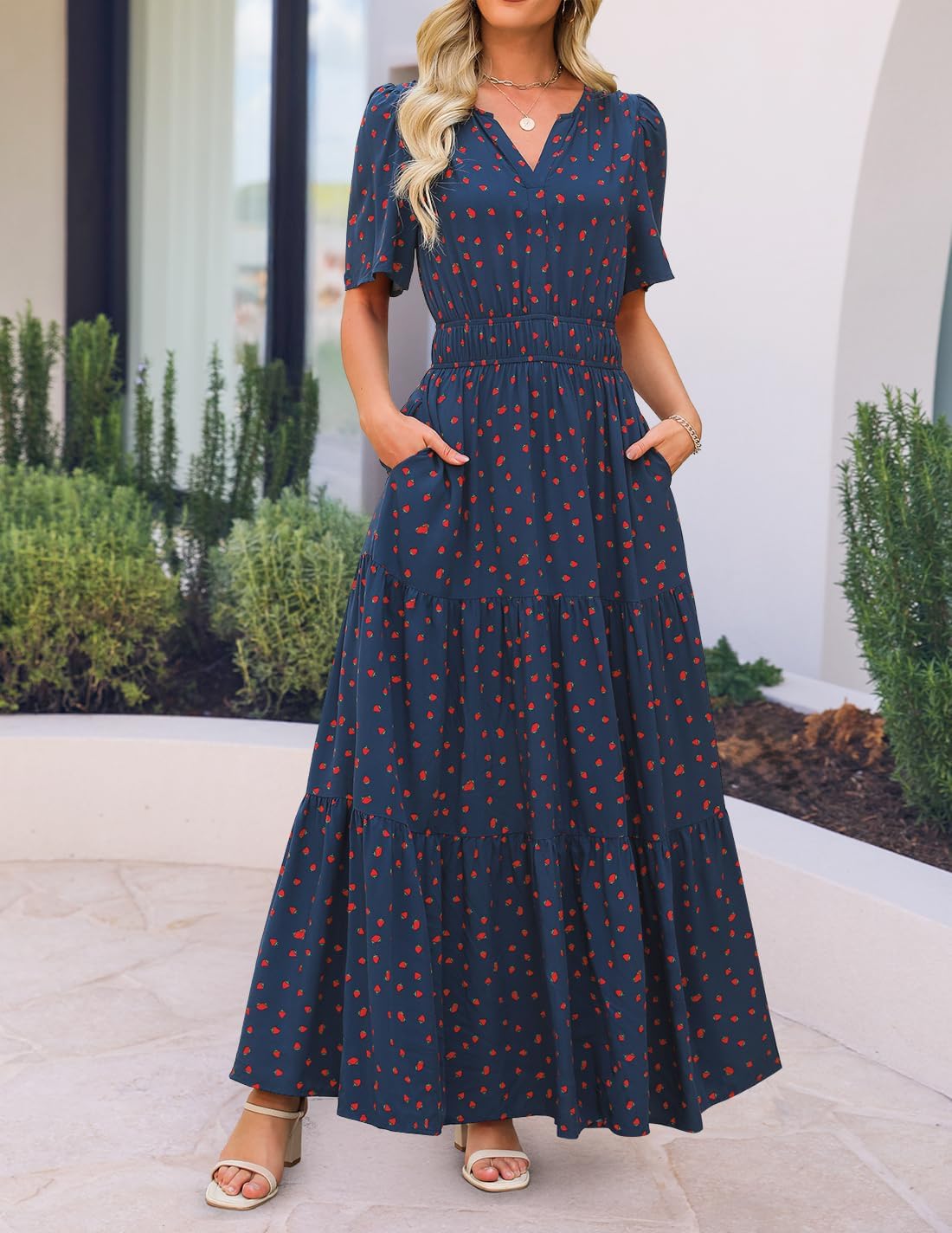 ZESICA Women's 2026 Summer Spring Floral Boho Maxi Dresses Casual Short Sleeve V Neck A Line Flowy Beach Vacation Dress - Image 3