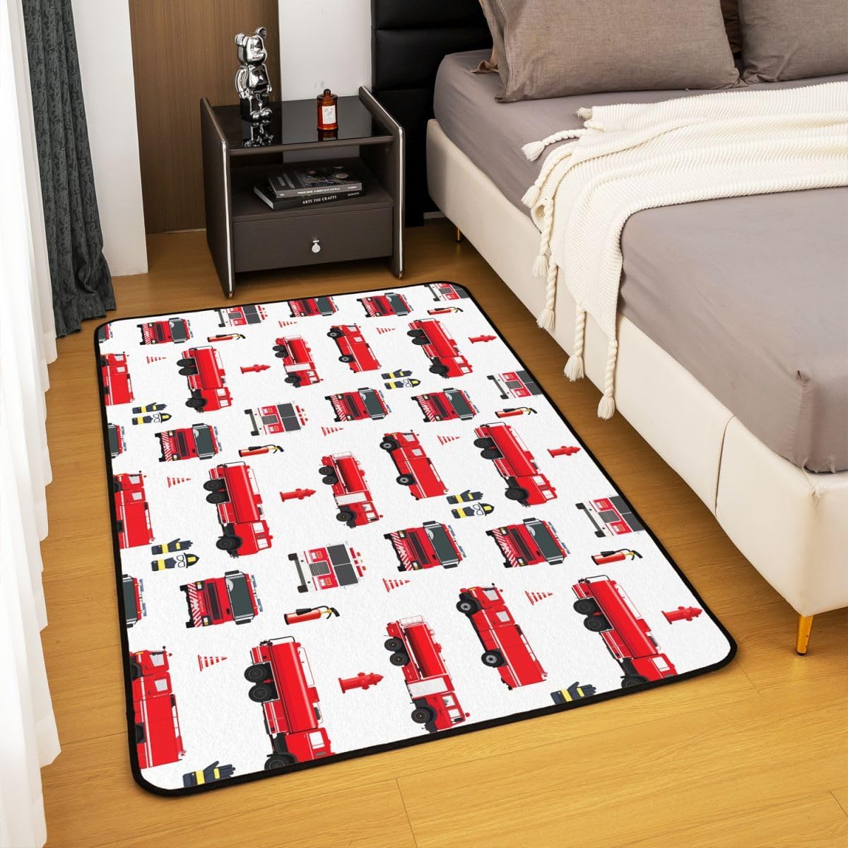 Fire Truck Living Room Rugs 5x7 for Boys Teens Girls, Firemen Car Vehicle Area Rugs for Bedroom Playroom, Kids Youth Firefighter Truck Carpet, Red Fire Fighting Supplies Print Decorative Washable Rug
