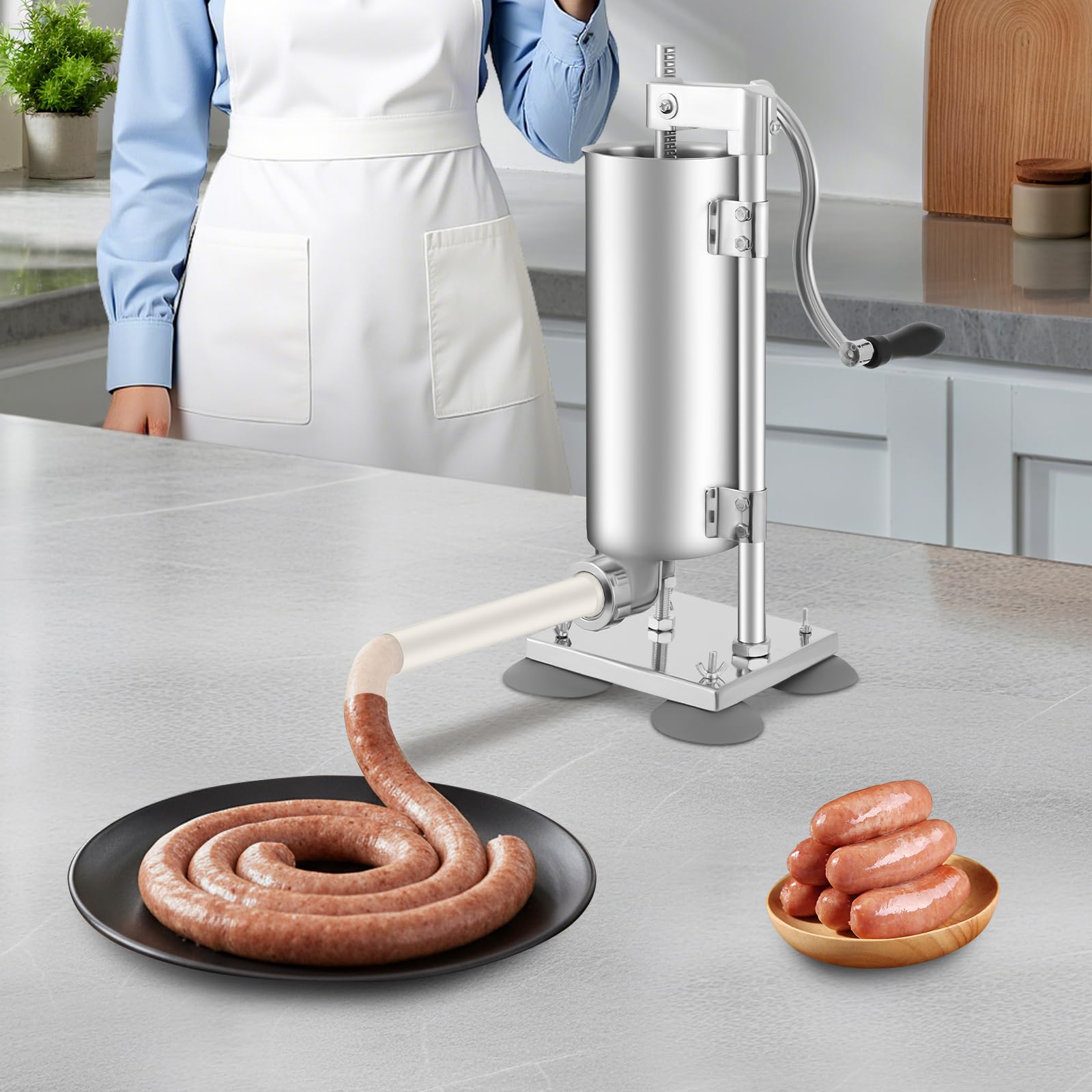 Máquina de llenado manual de salchichas, 3 l, prensa de salchichas, de acero inoxidable, para salchichas con ventosa, 4 tamaños, tubos de llenado de salchichas profesionales para cocina y restaurantes