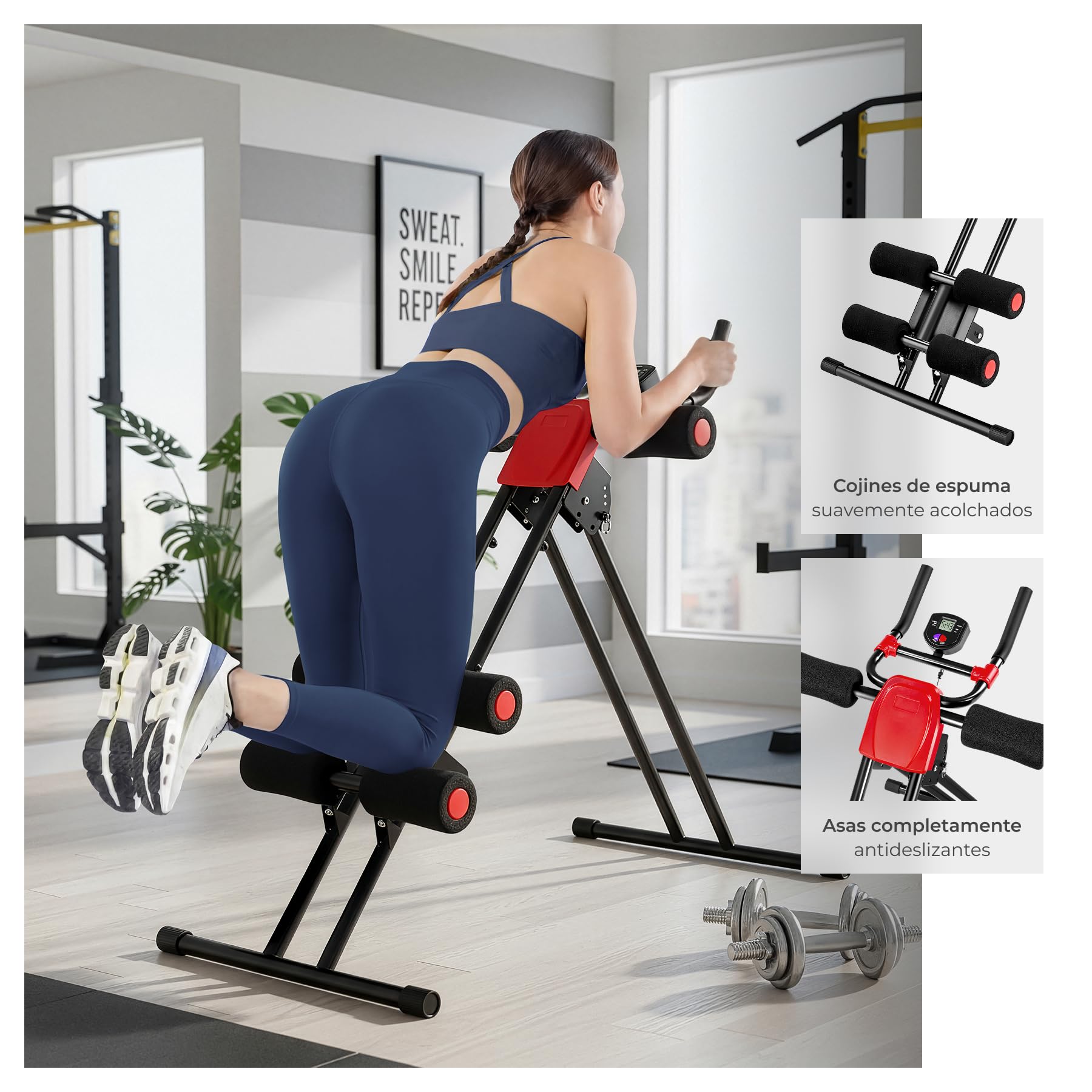 tectake® Maquina Abdominales Plegable Multifuncional Ajustable 5 Posiciones, Banco Musculacion Gimnasio en Casa, Ejercicio en Casa, Fitness, Maquina Gym para Abdominales - Negro/Rojo