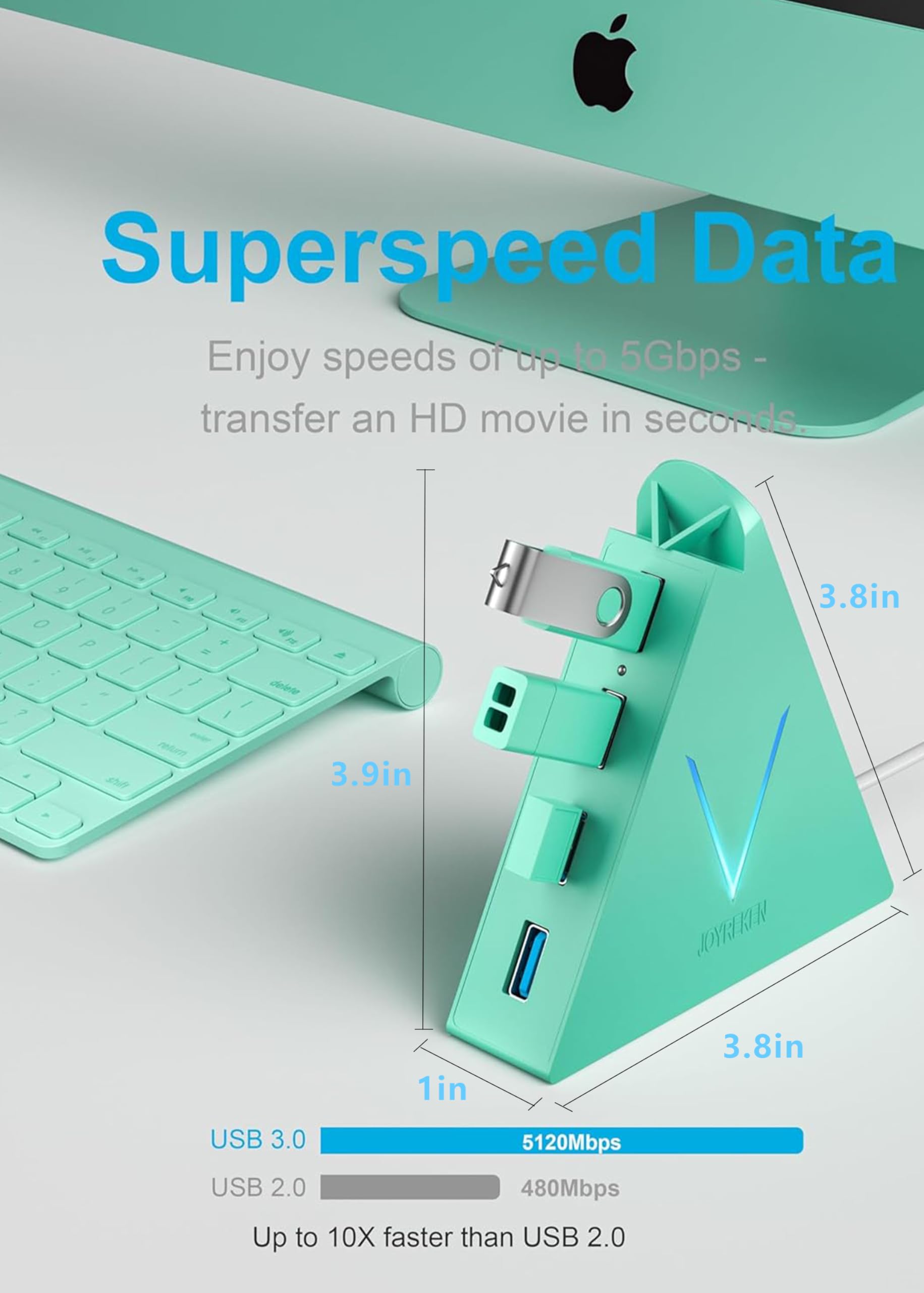 JoyReken USB 3.0 Hub,4 Port USB Hub Tower,2ft Cable USB Splitter for PC, Xbox One, PS4, PS5, iMac, Surface Pro, XPS, Laptop, Desktop, Flash Drive, Mobile HDD (Green): 2ft Green USB A Hub