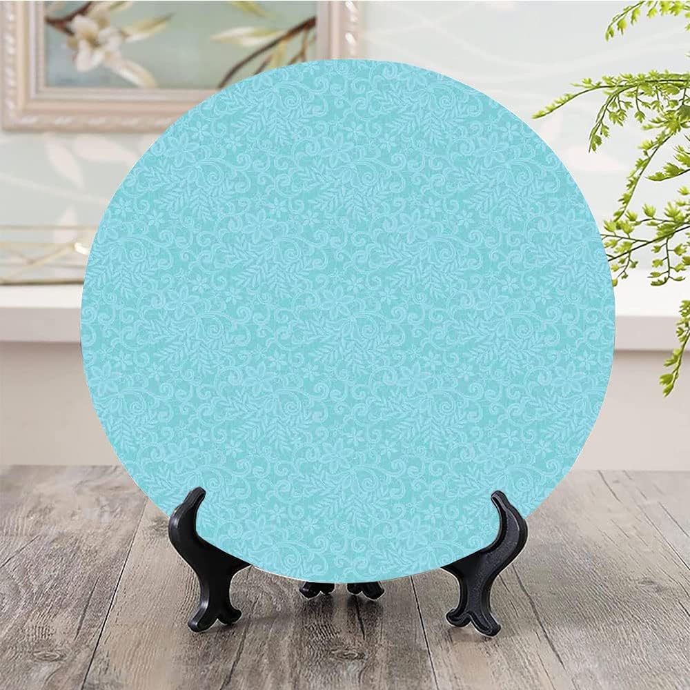 Decorative Plates, Turquoise Print Ornament, Lace Pattern Floral Retro Motifs Romantic, 8 Inch, 1 Plate with 1 Display Stand, Blue