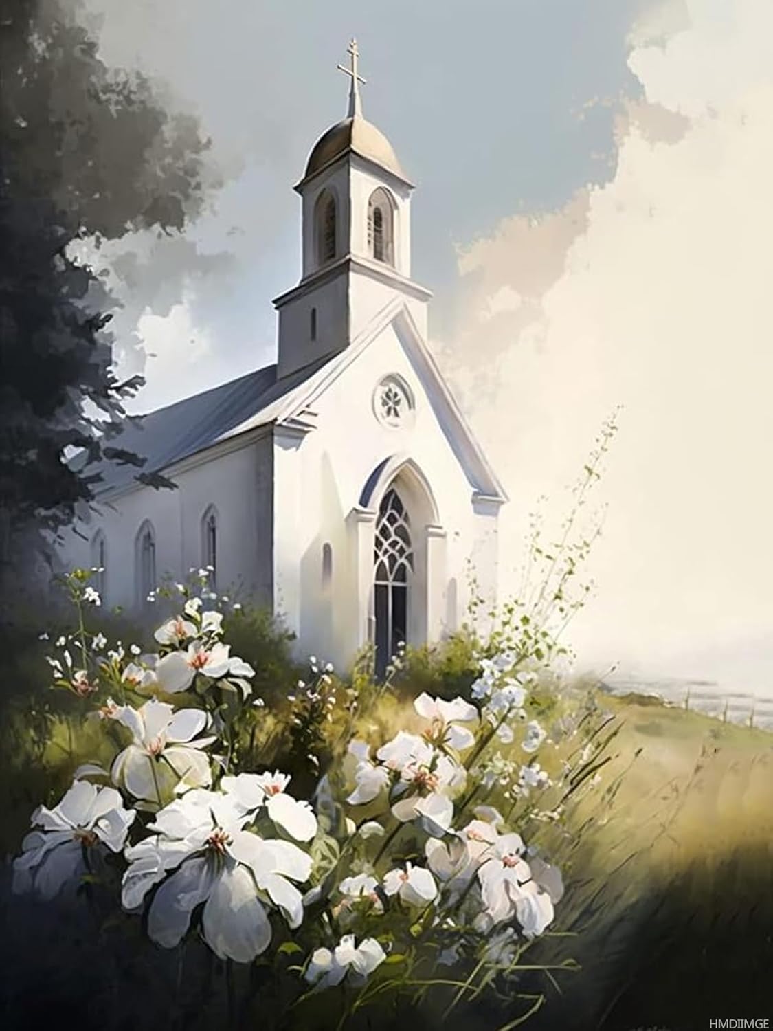 HMDIIMGE White Church Diamond Painting Kits Architectural Landscape Diamond Painting, Full Round Diamond Crystal Kits for Adult Beginners, for Room Decor and Wall Decor 12x16 Inch
