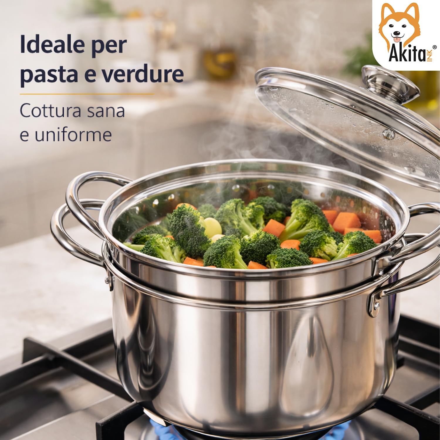 AKITAInk Bollipasta Duna 24 cm in Acciaio Inox con 2 Cestelli e Coperchio in Vetro Temperato, Pentola per Pasta con Scolapasta Integrato, Resistente e Pratica