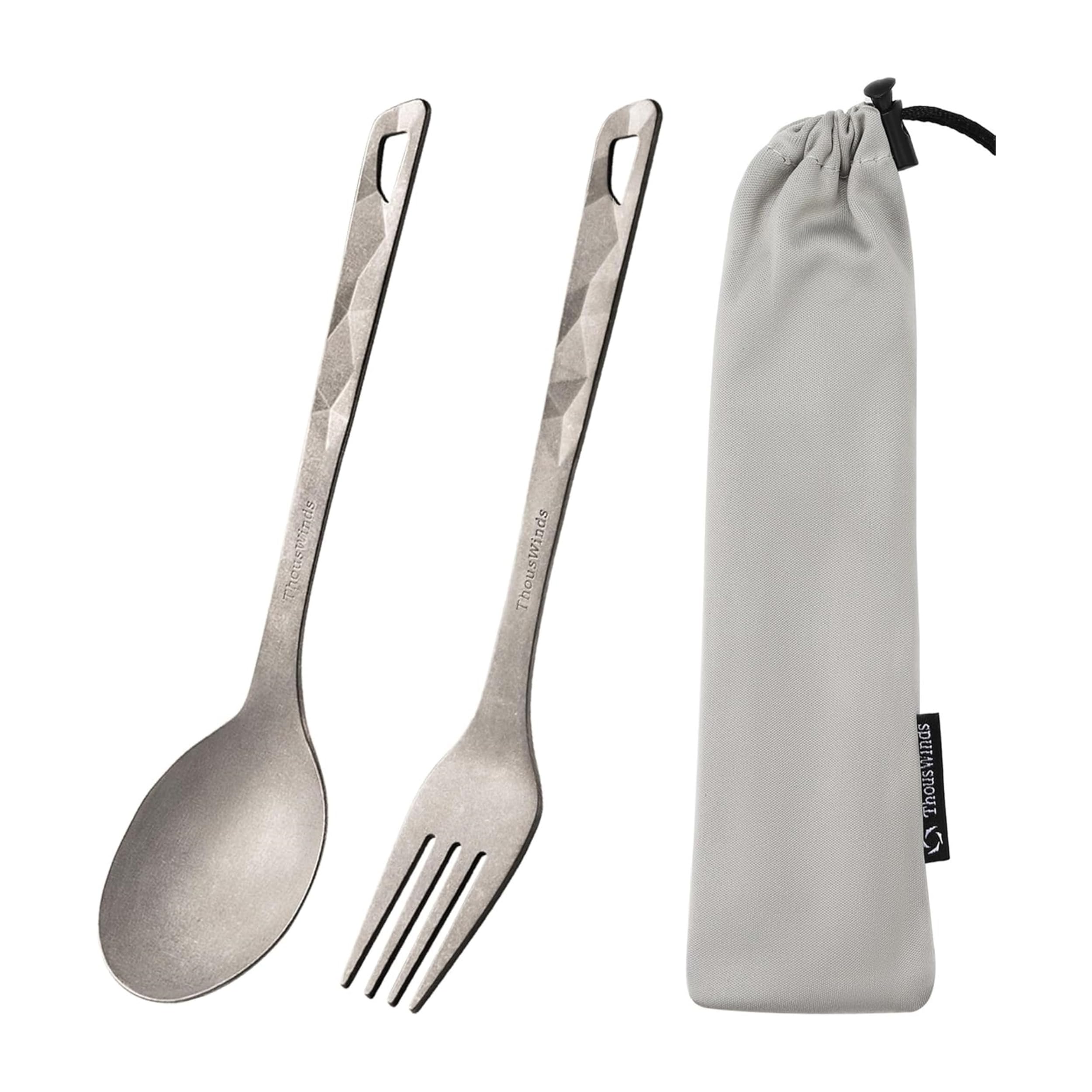 Thous Winds Fork and Spoon Set, Titanium Utensils, Ultralight Portabale Reusable Flatware, for Outdoor Camping Backpacking Hiking Picnic Travel, with Storage Bag