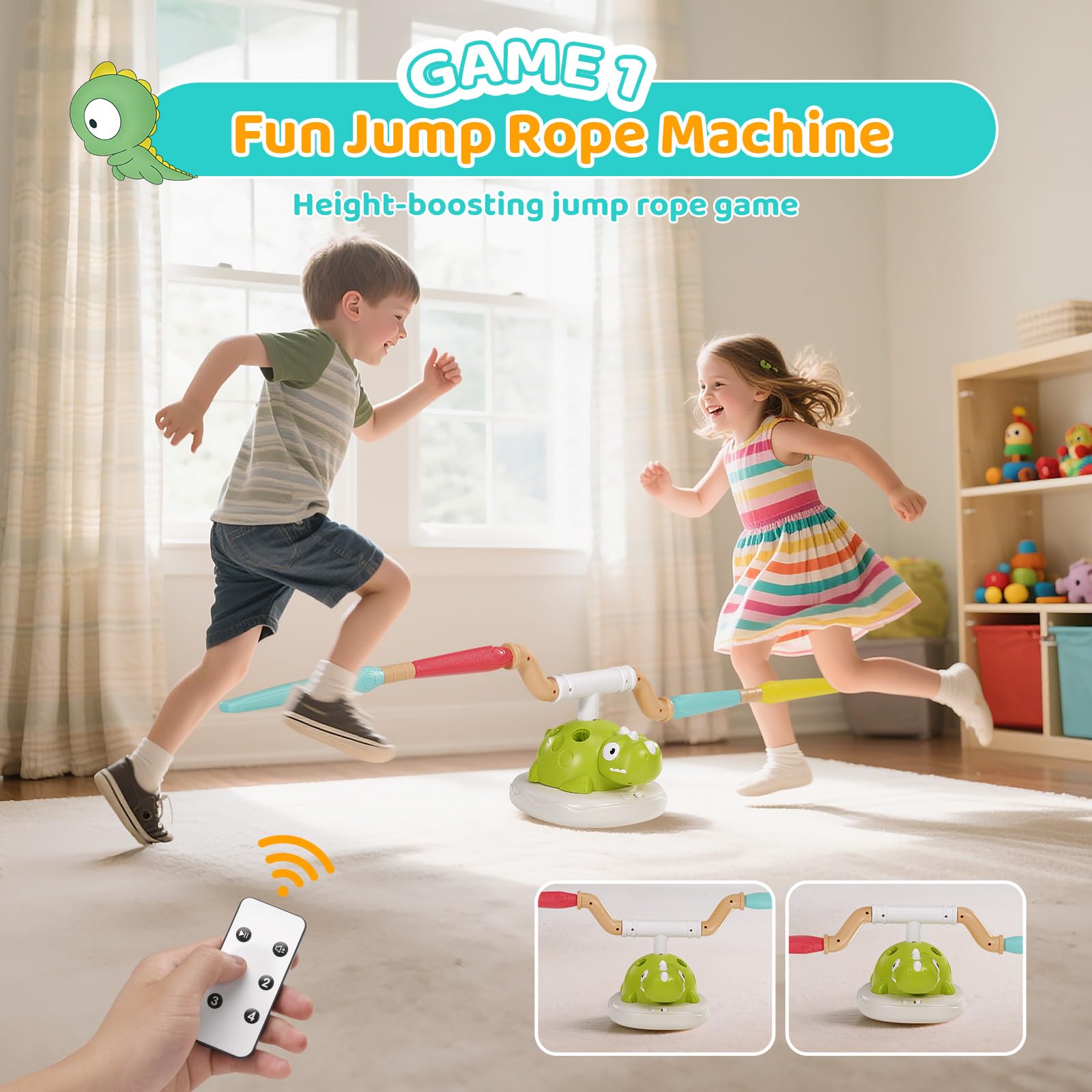 3 in 1 Musical Garden Jump Sportspielzeug, Outdoor Dinosaurier Kinder Launcher Sportspiel, Musical Jump, Ring Toss Game, Rocket Launcher Spielzeug für Kinder im Alter von 3-12 Jahre alt