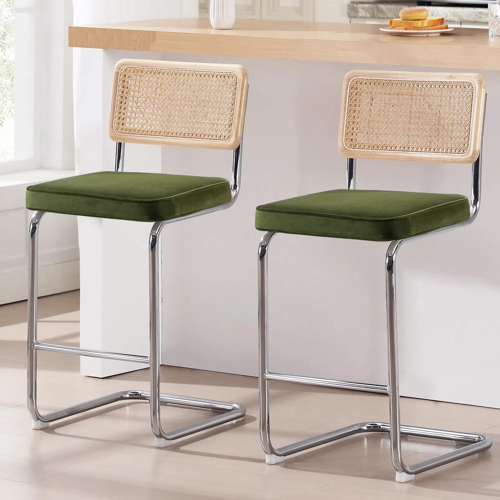 Zesthouse Natural Rattan Bar Stools Set of 2, 26'' Modern Boho Counter Height Bartools with Solid Wood Back, Mid Century Counter Stools with Velvet Cushion, Cane Back Island Chairs for Kitchen, Green